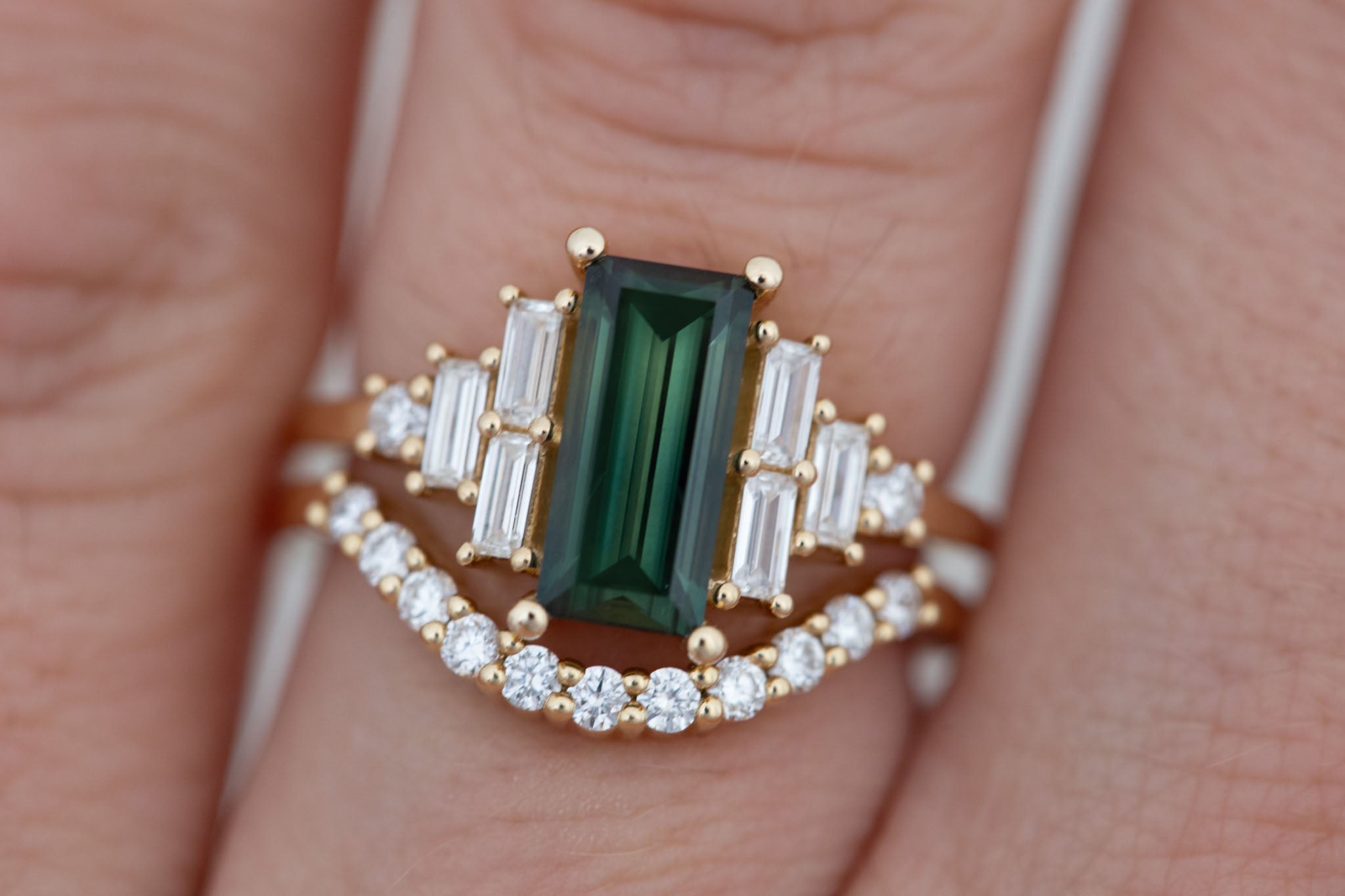 Delta Ring | Green Sapphire + Diamond Cluster Engagement Ring 1.87 ct | 14k Recycled Gold | One of a Kind
