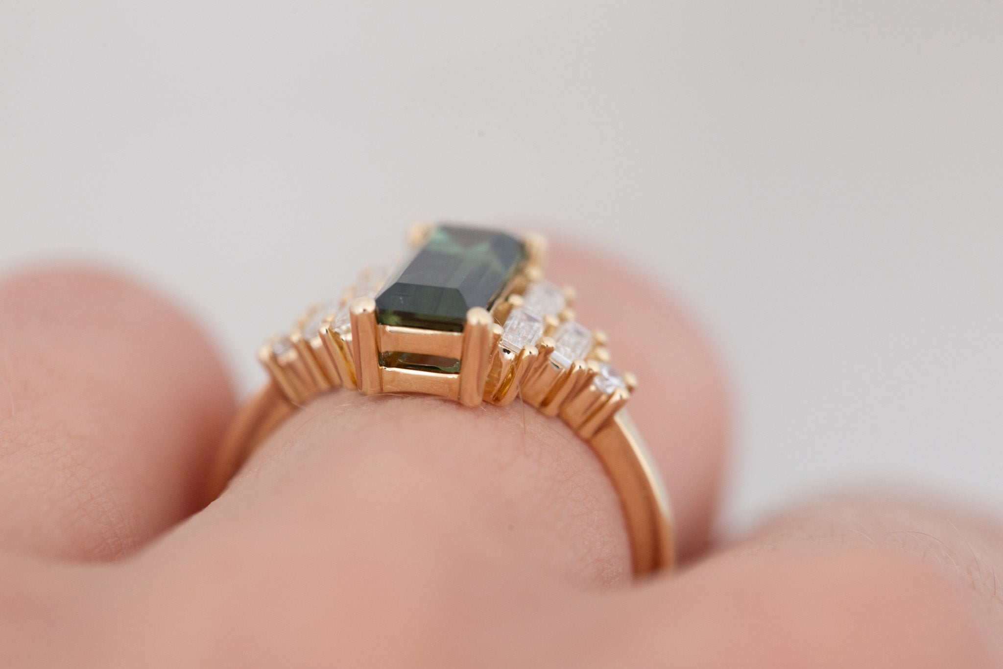 Delta Ring | Green Sapphire + Diamond Cluster Engagement Ring 1.87 ct | 14k Recycled Gold | One of a Kind