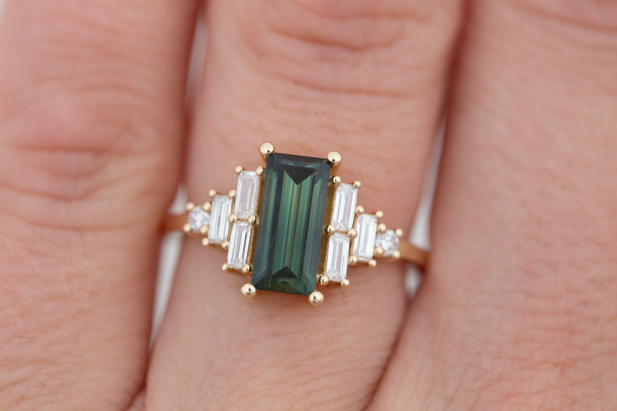 Delta Ring | Green Sapphire + Diamond Cluster Engagement Ring 1.87 ct | 14k Recycled Gold | One of a Kind