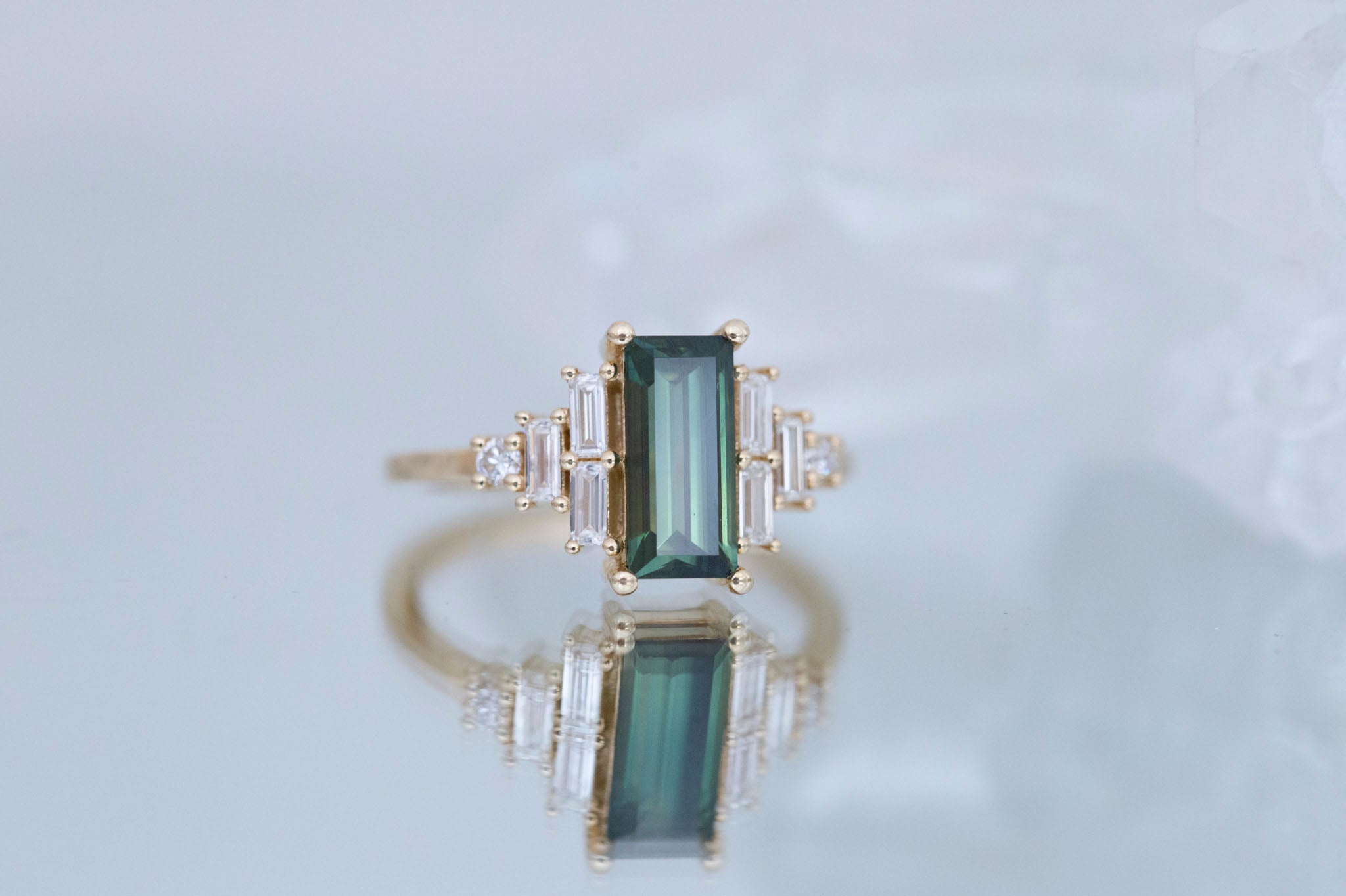 Delta Ring | Green Sapphire + Diamond Cluster Engagement Ring 1.87 ct | 14k Recycled Gold | One of a Kind