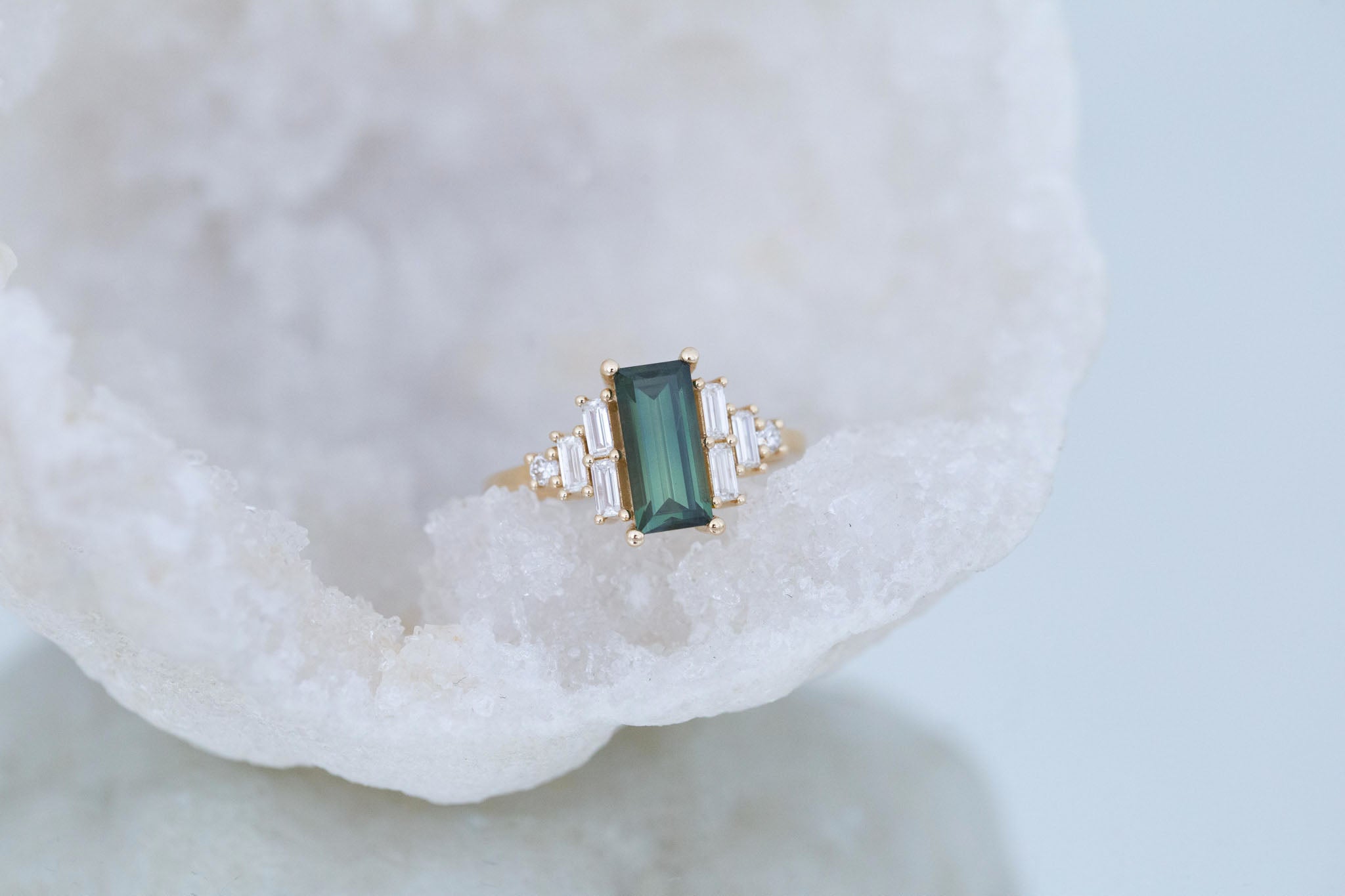 Delta Ring | Green Sapphire + Diamond Cluster Engagement Ring 1.87 ct | 14k Recycled Gold | One of a Kind