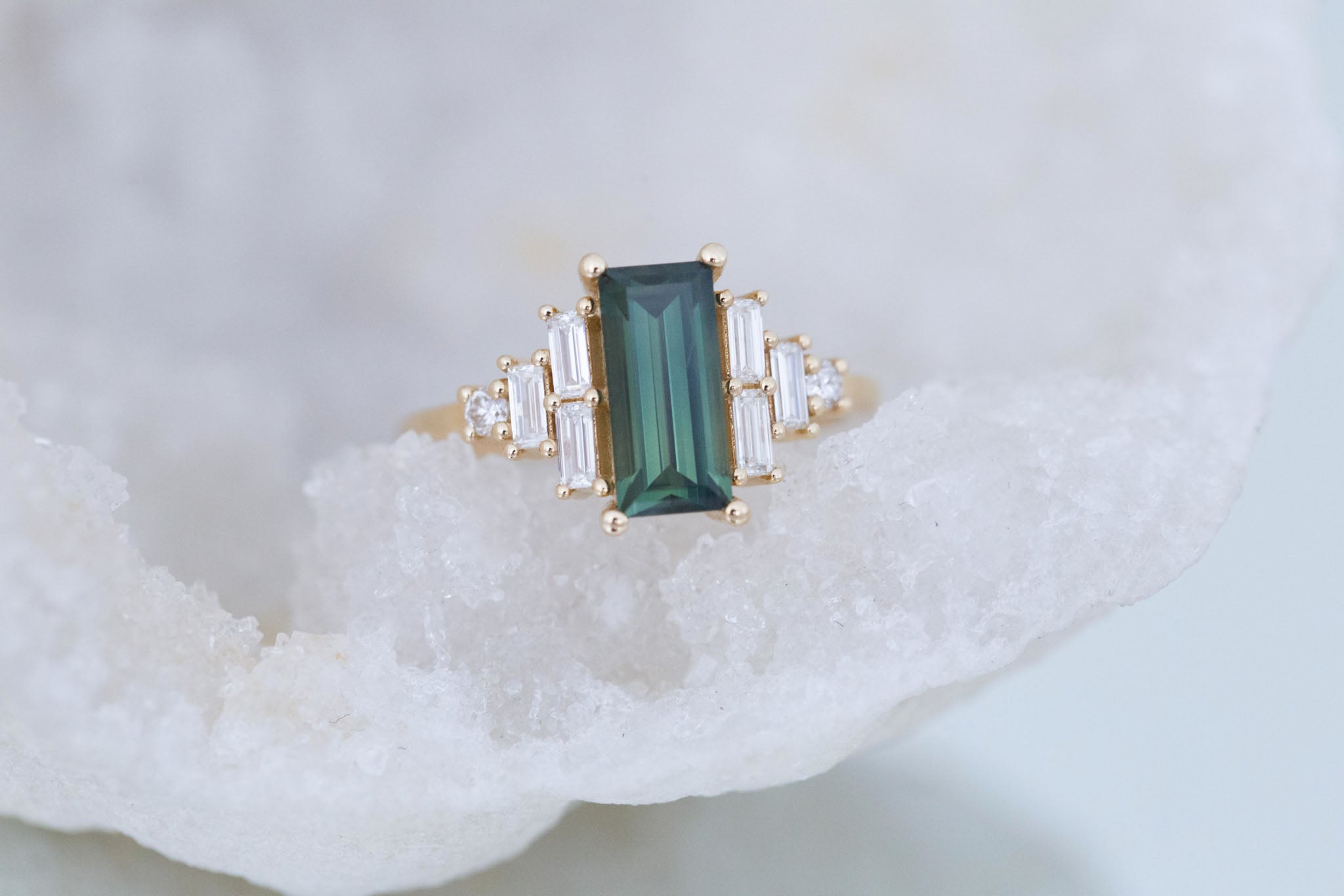 Delta Ring | Green Sapphire + Diamond Cluster Engagement Ring 1.87 ct | 14k Recycled Gold | One of a Kind