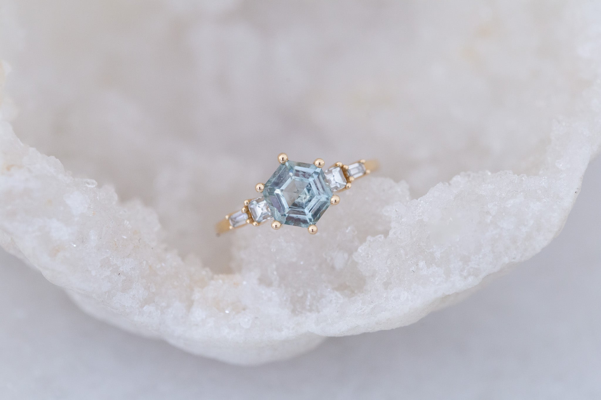 Mira Ring | Teal Montana Hexagon Sapphire + Diamond Step Cut Accent Engagement Ring 1.88 ct | 14k Recycled Gold | One of a Kind