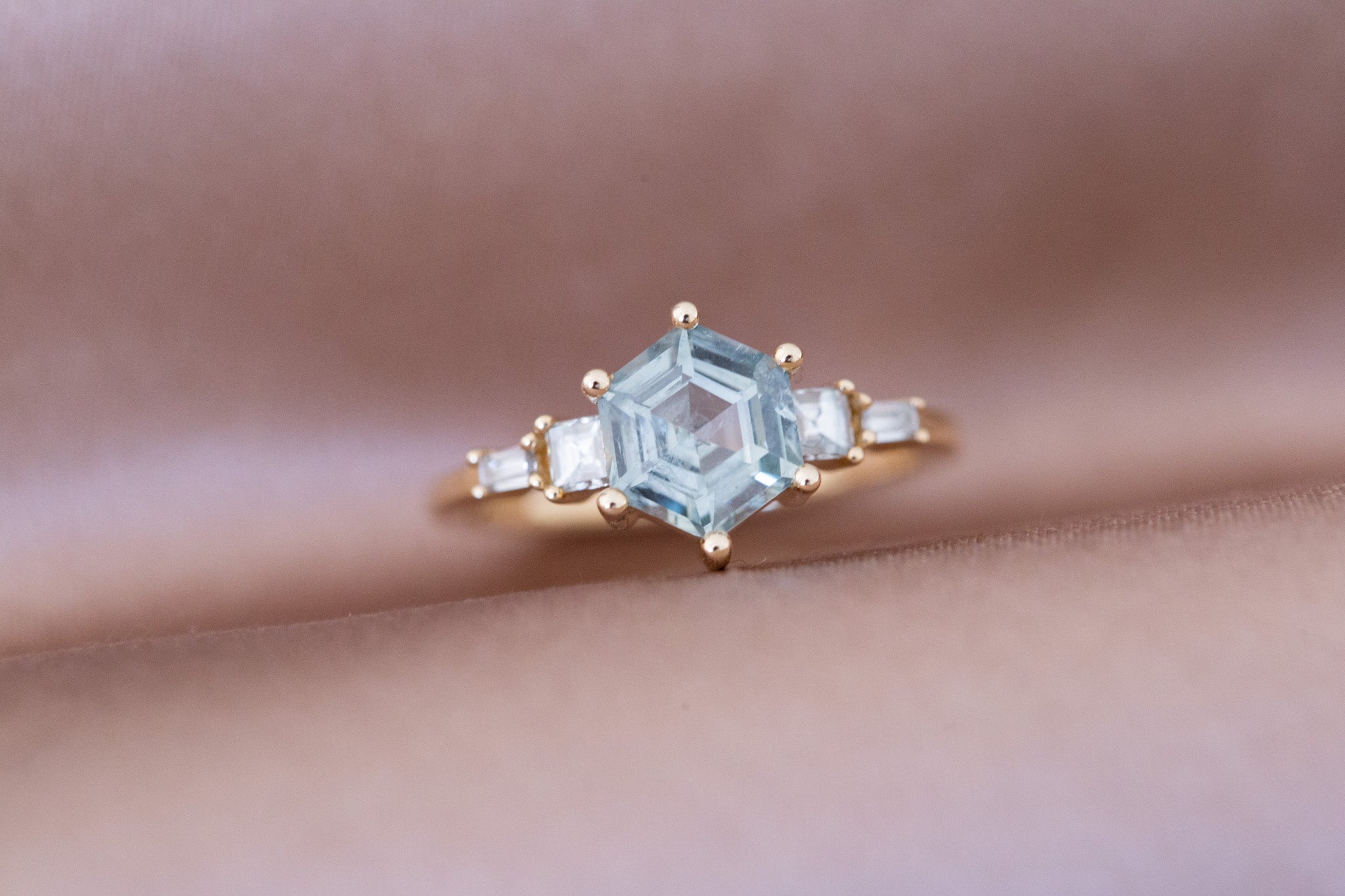 Mira Ring | Teal Montana Hexagon Sapphire + Diamond Step Cut Accent Engagement Ring 1.88 ct | 14k Recycled Gold | One of a Kind