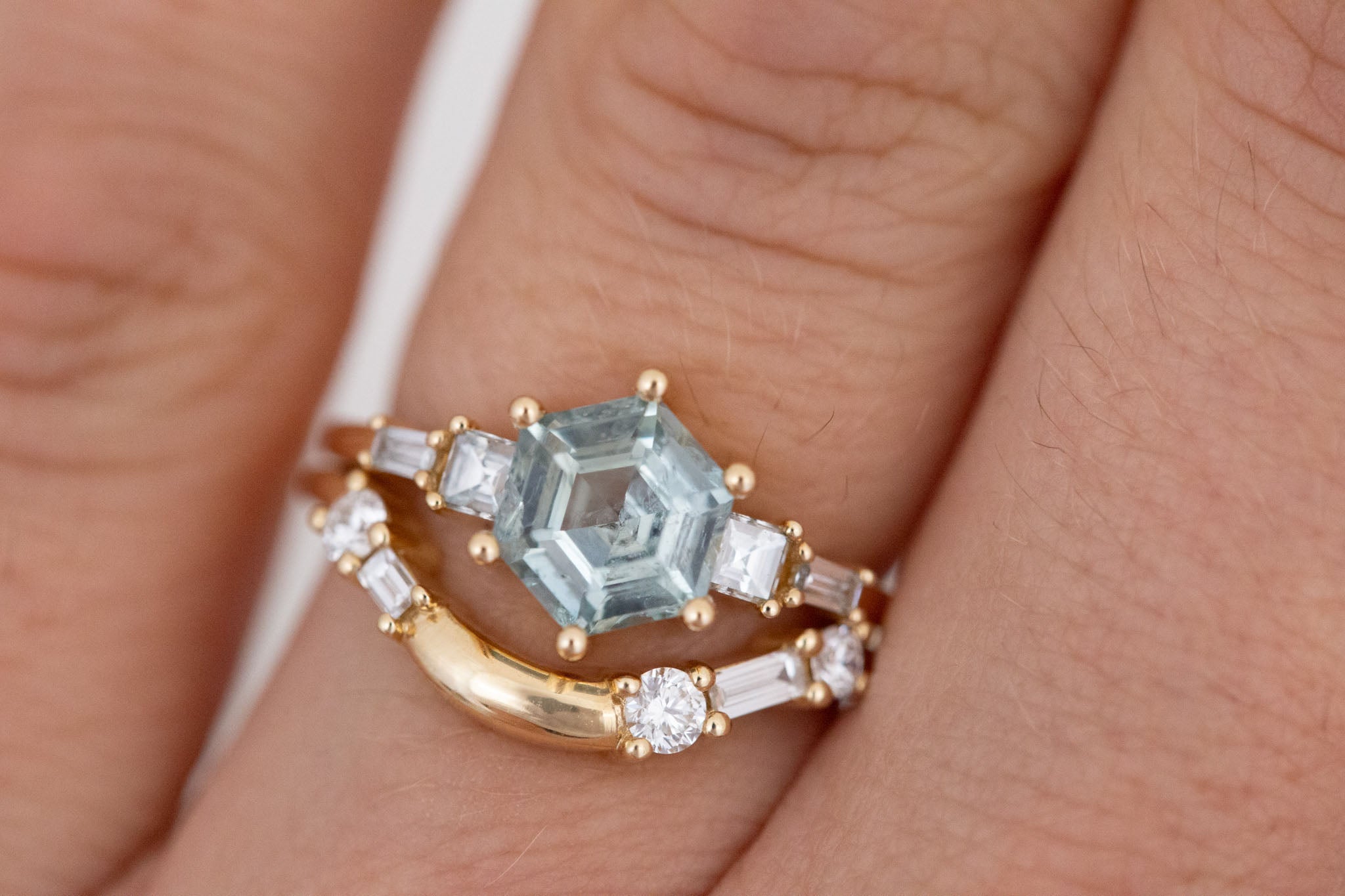 Mira Ring | Teal Montana Hexagon Sapphire + Diamond Step Cut Accent Engagement Ring 1.88 ct | 14k Recycled Gold | One of a Kind