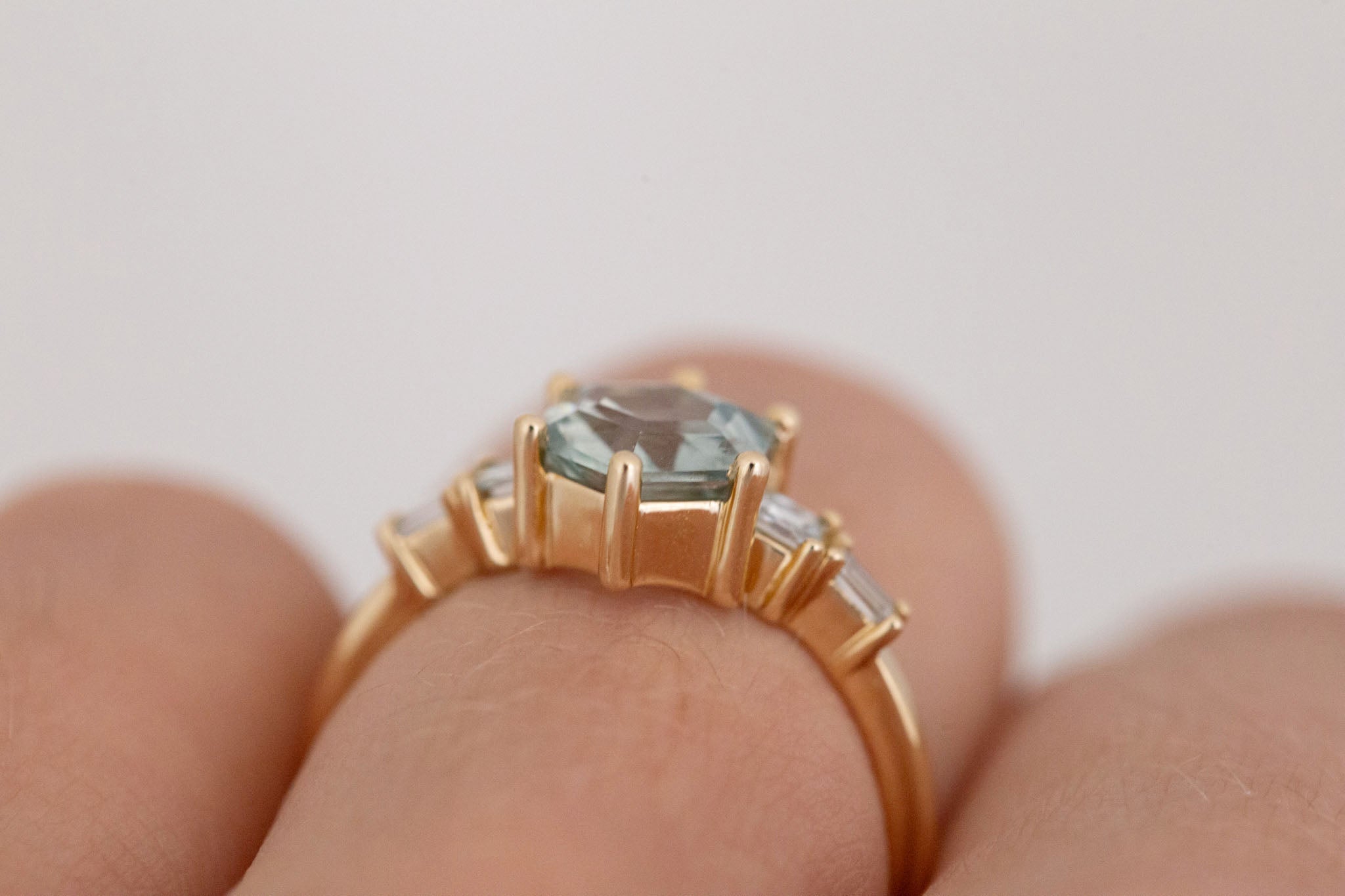 Mira Ring | Teal Montana Hexagon Sapphire + Diamond Step Cut Accent Engagement Ring 1.88 ct | 14k Recycled Gold | One of a Kind