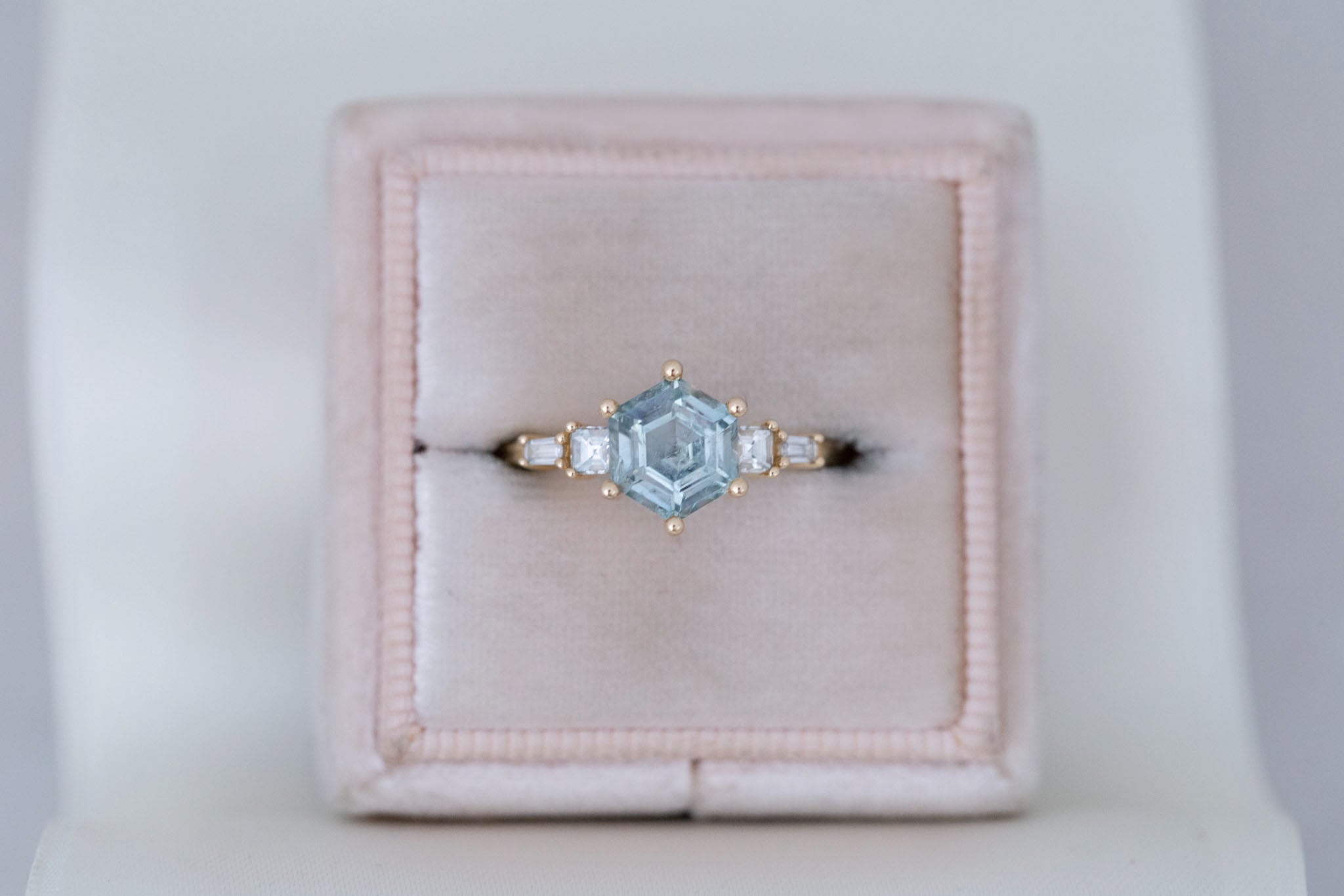 Mira Ring | Teal Montana Hexagon Sapphire + Diamond Step Cut Accent Engagement Ring 1.88 ct | 14k Recycled Gold | One of a Kind