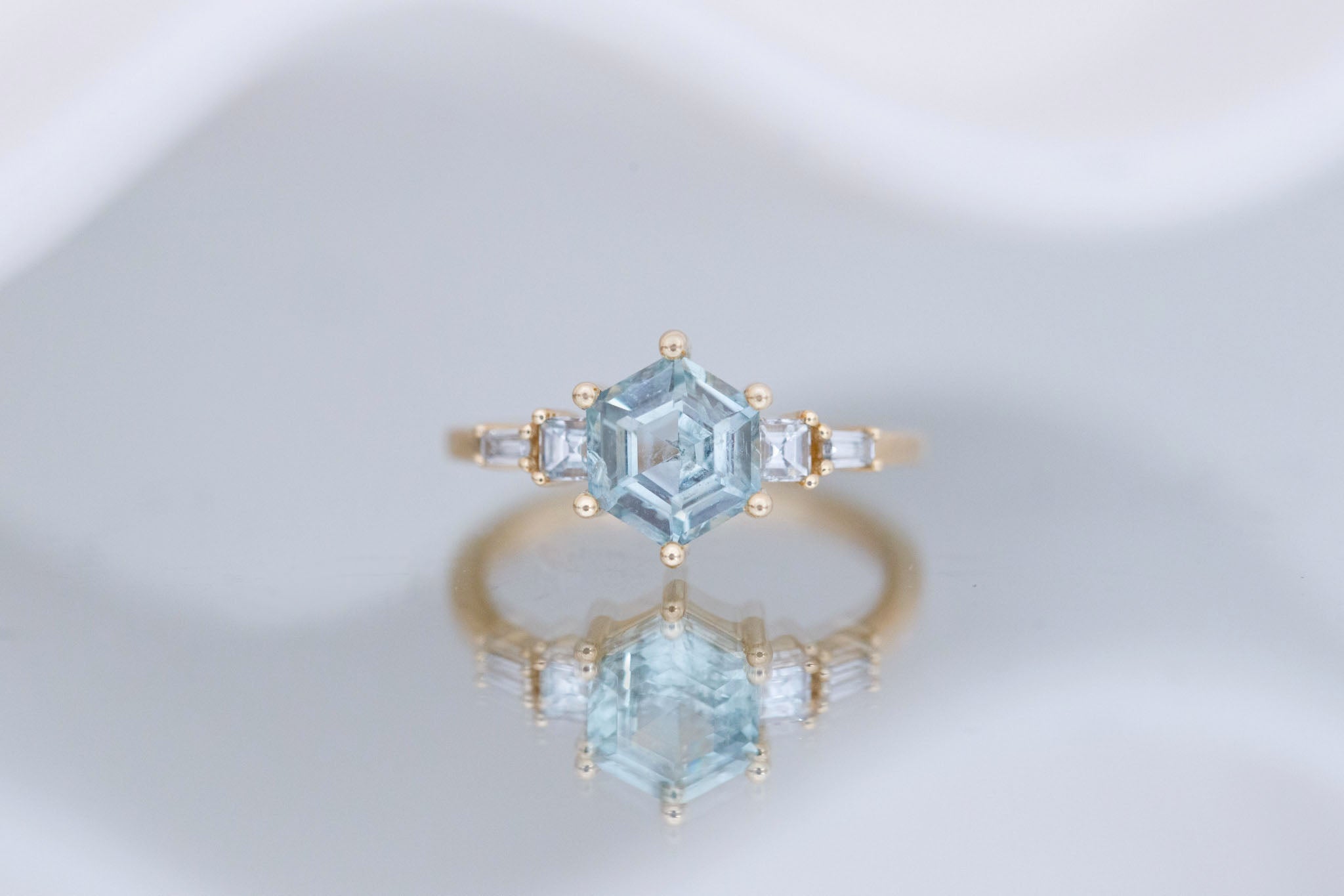Mira Ring | Teal Montana Hexagon Sapphire + Diamond Step Cut Accent Engagement Ring 1.88 ct | 14k Recycled Gold | One of a Kind