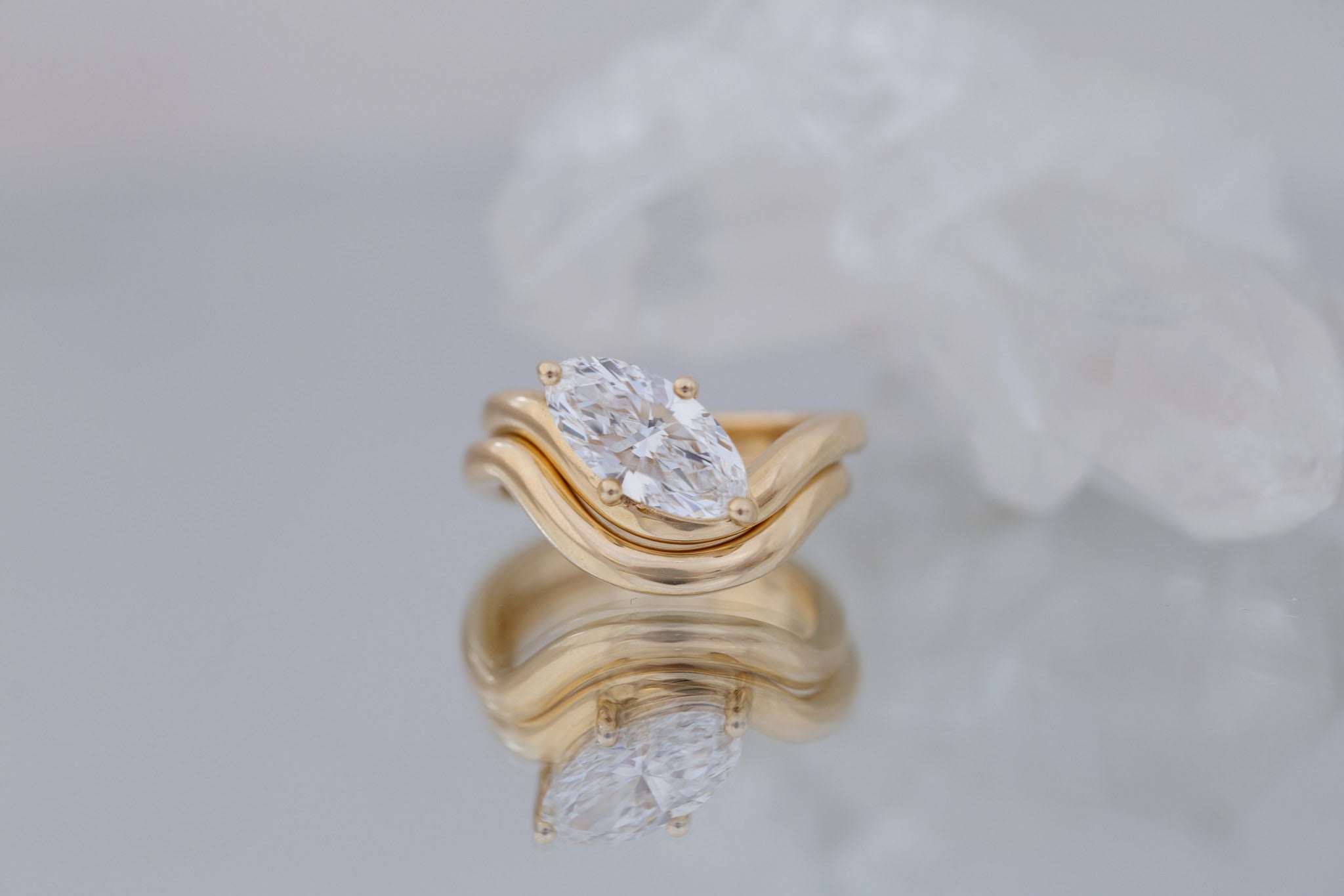 Townes Ring | Lab Moval Cut Diamond Solitaire Curved Band Engagement Ring + Wedding Band Set 1.90 ct | 14k Recycled Gold | One of a Kind