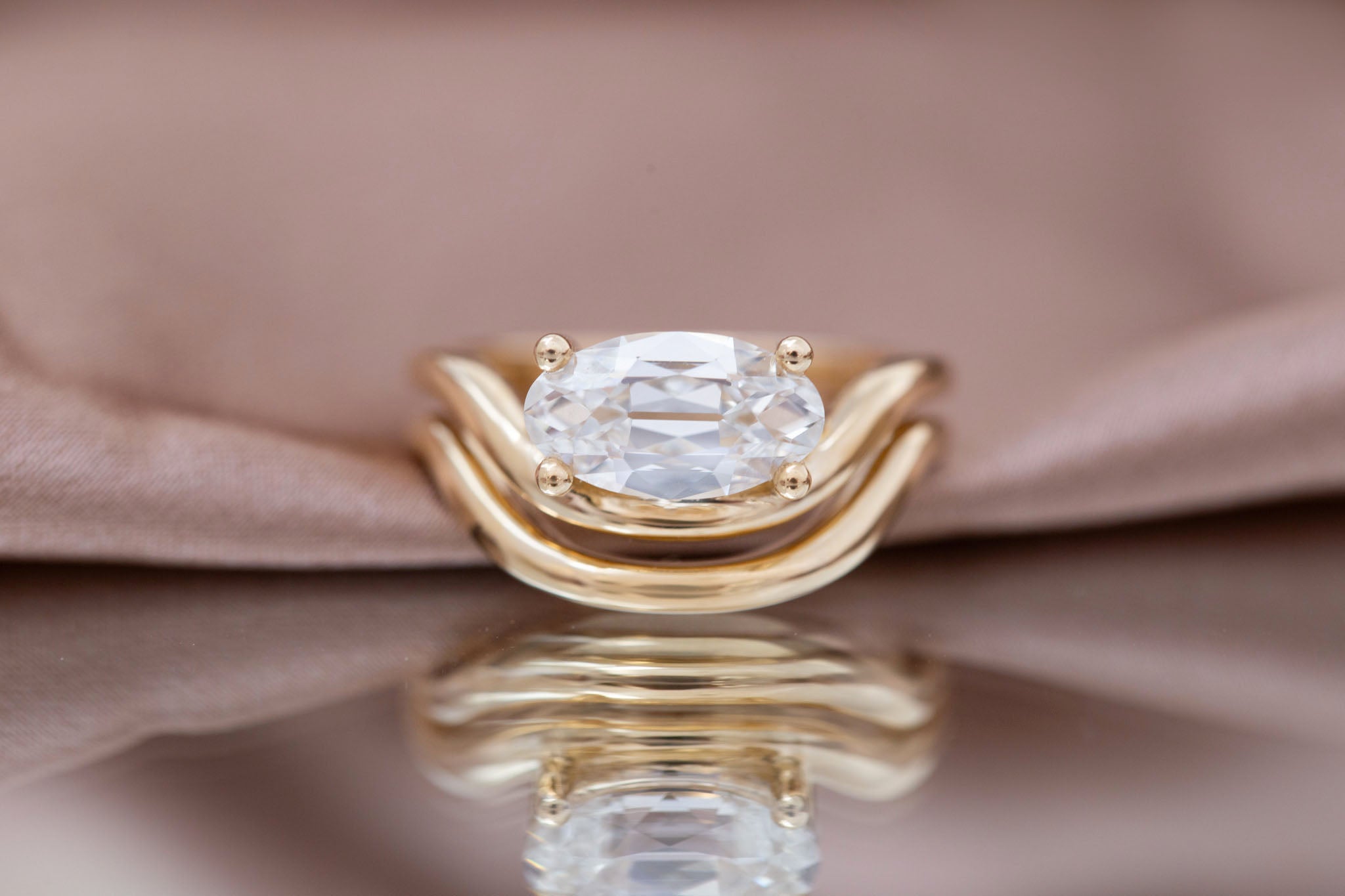 Hayes Ring | Lab Moval Solitaire + Double Curved Band Engagement Ring 1.90 ct | 14k Recycled Gold | One of a Kind