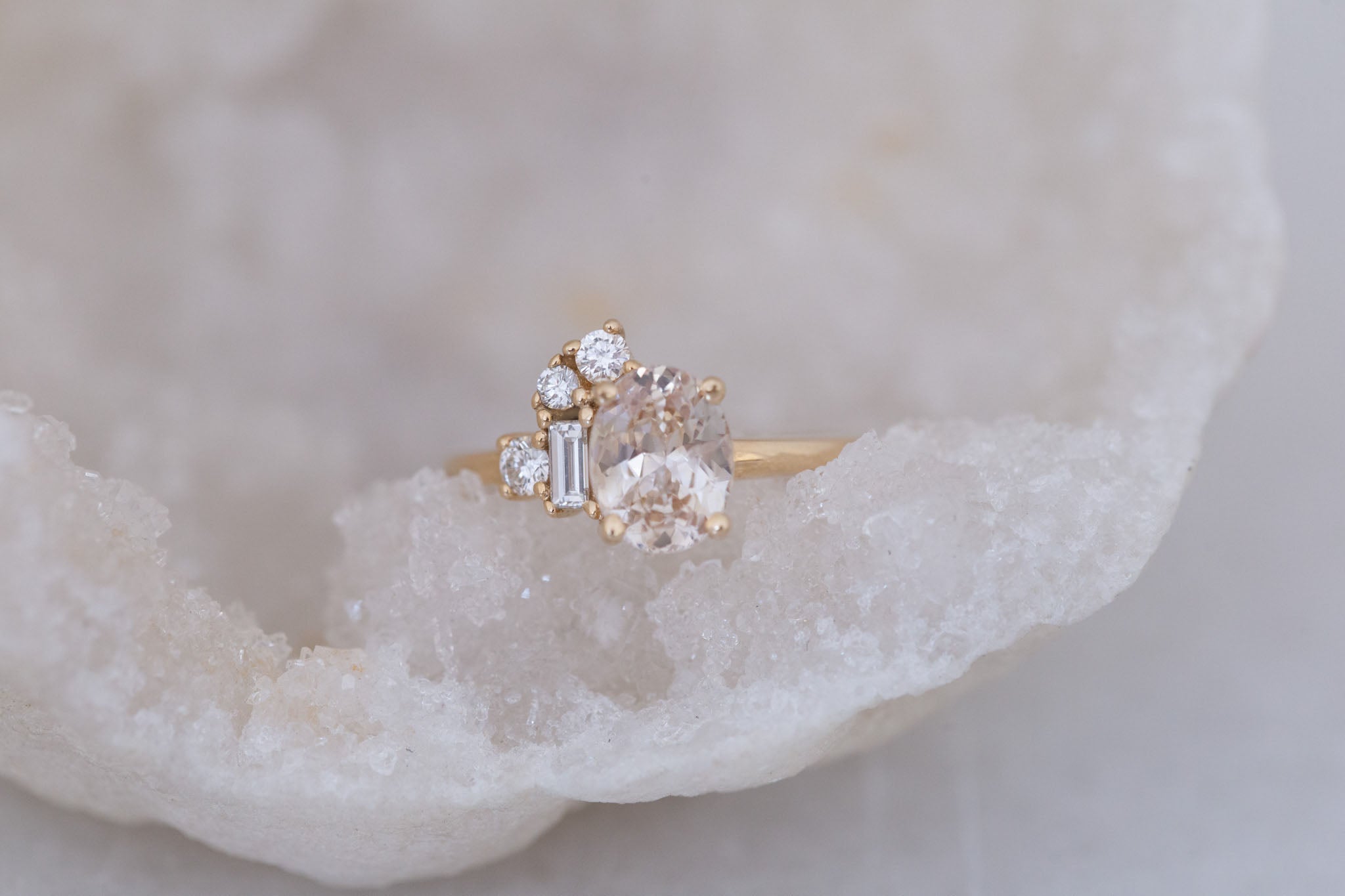 Freya Ring | Apricot Sapphire + Diamond Cluster Engagement Ring 1.96 ct | 14k Recycled Gold | One of a Kind