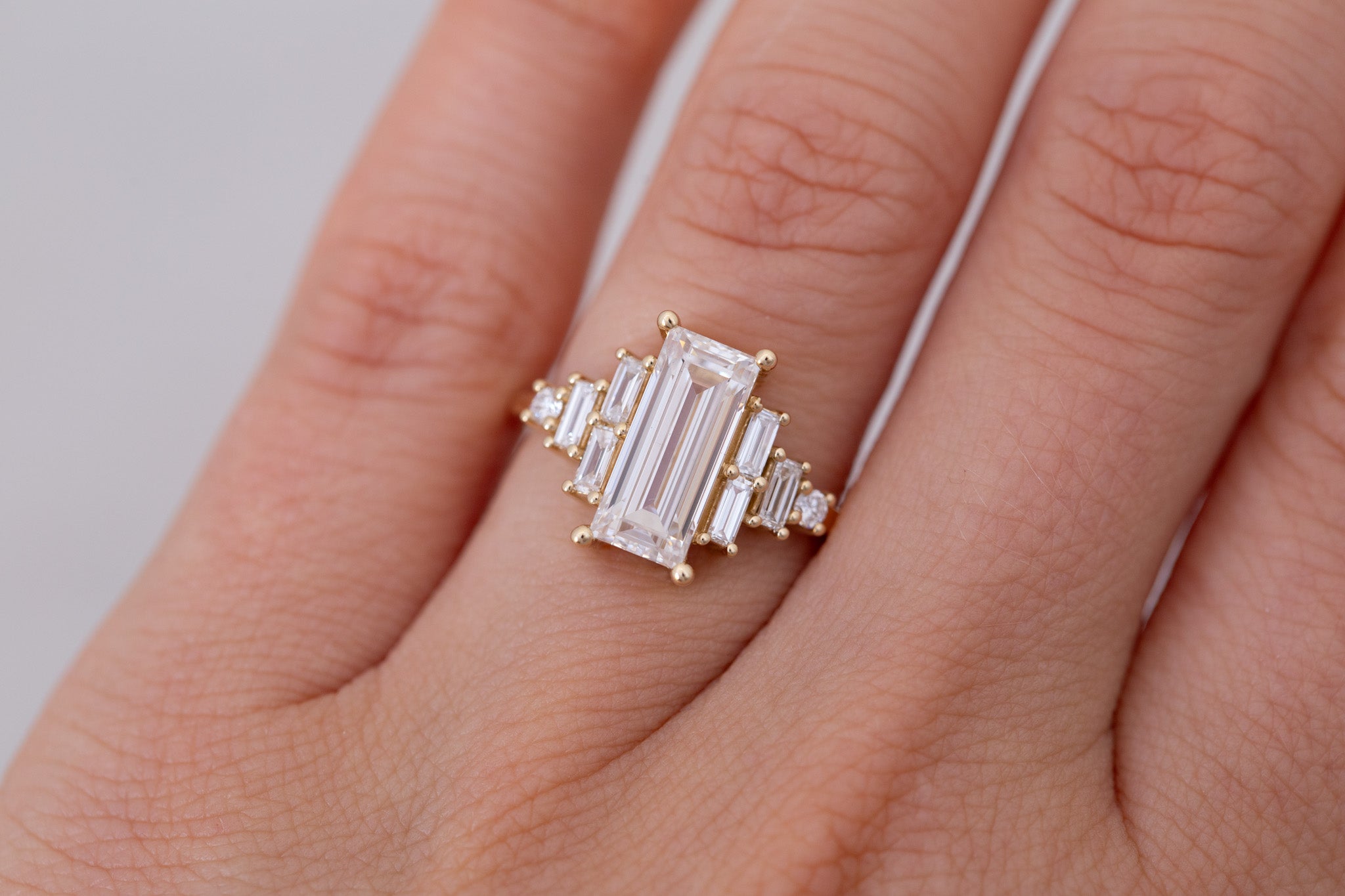 Delta Ring | Lab Baguette Cut Diamond + Diamond Cluster Engagement Ring 2.01 ct | 14k Recycled Gold | One of a Kind