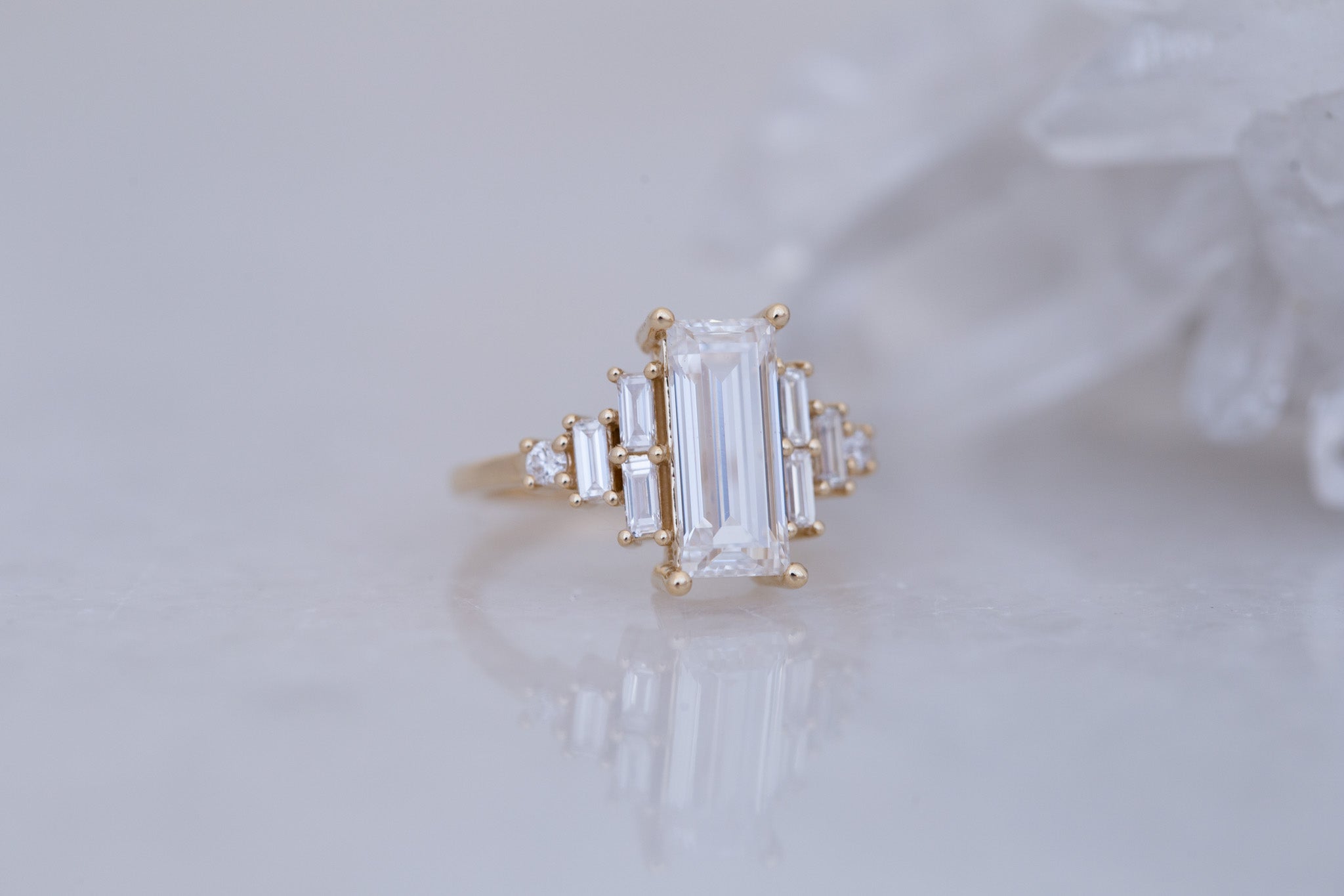 Delta Ring | Lab Baguette Cut Diamond + Diamond Cluster Engagement Ring 2.01 ct | 14k Recycled Gold | One of a Kind