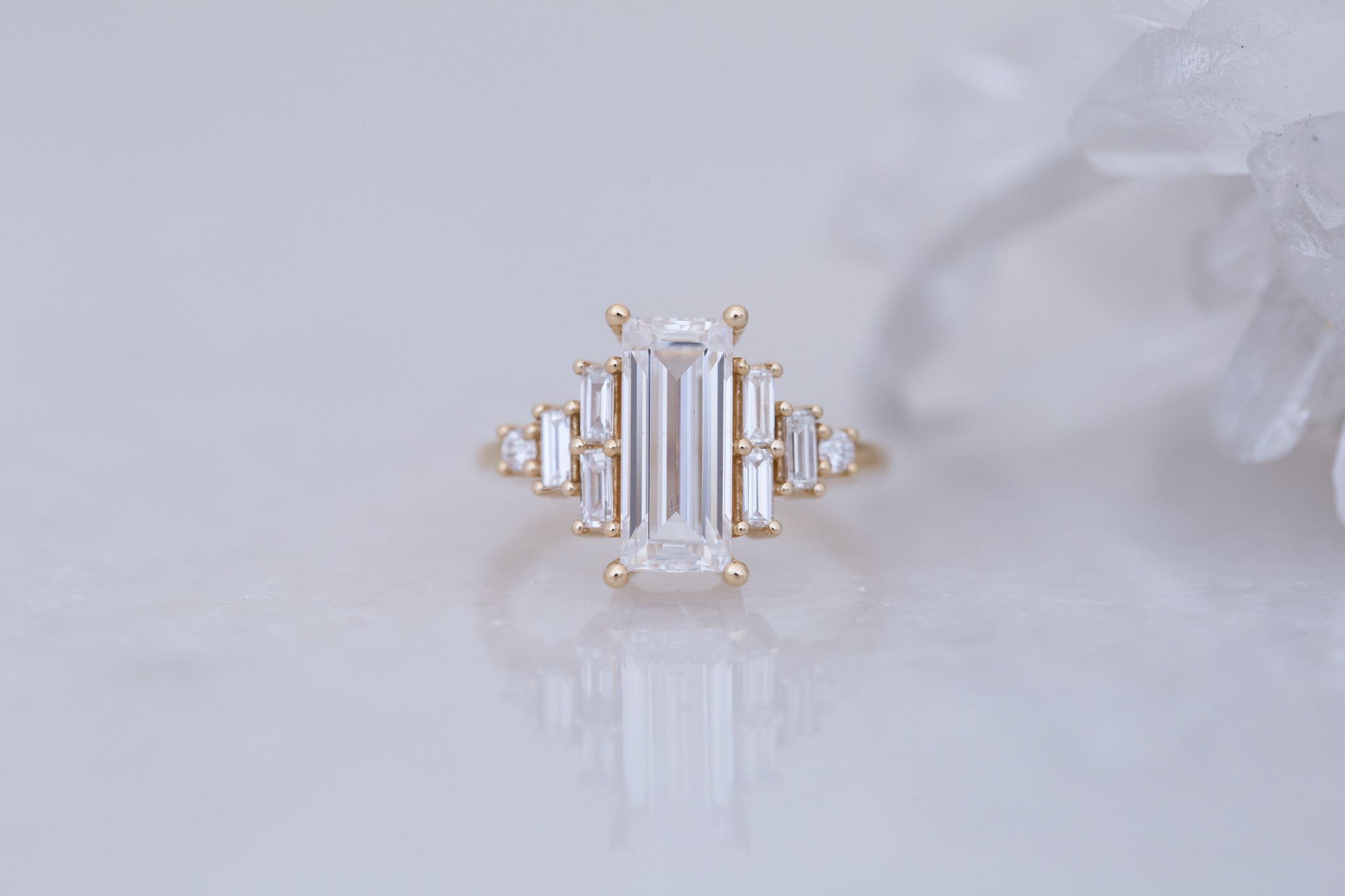 Delta Ring | Lab Baguette Cut Diamond + Diamond Cluster Engagement Ring 2.01 ct | 14k Recycled Gold | One of a Kind