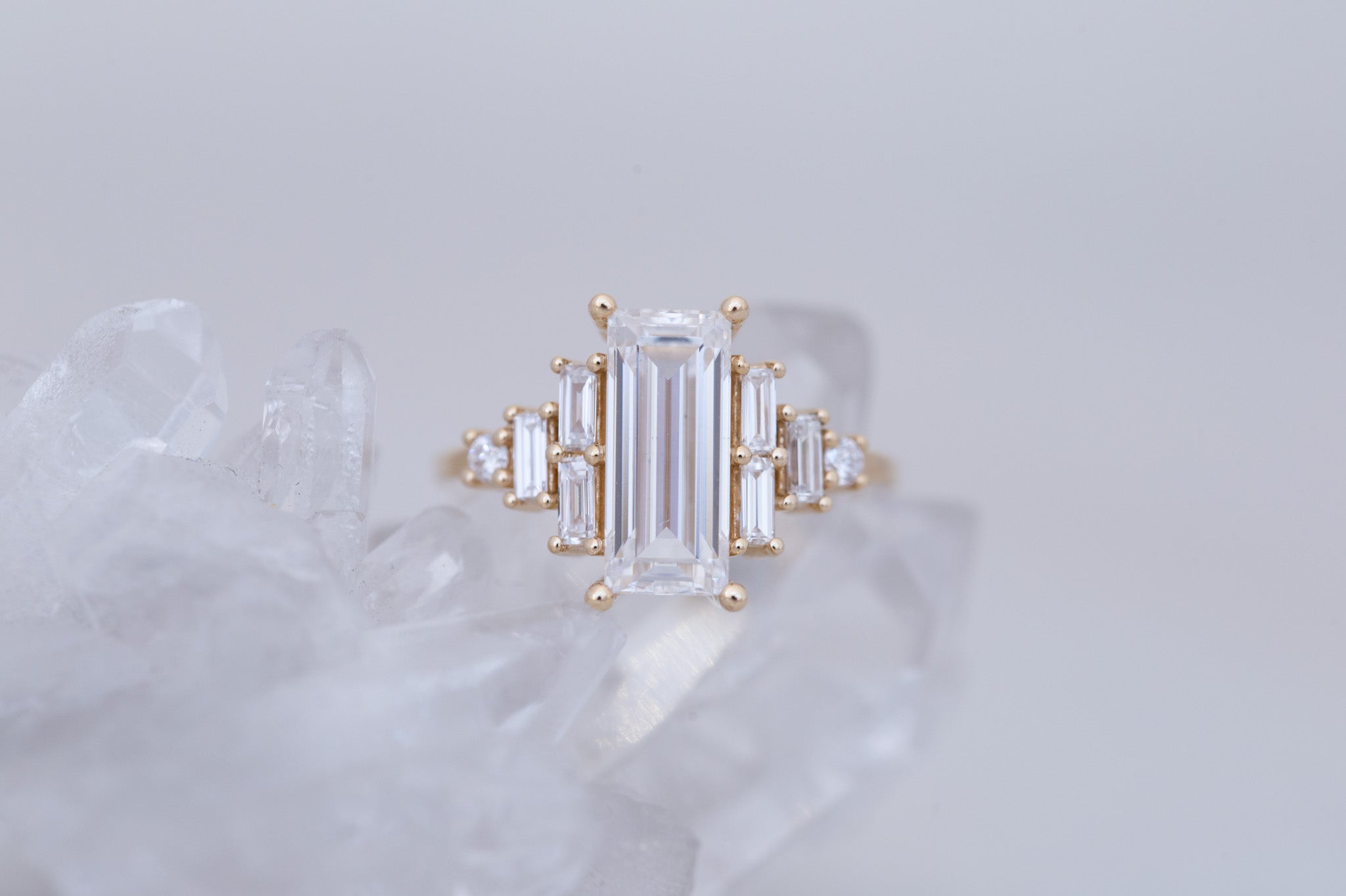 Delta Ring | Lab Baguette Cut Diamond + Diamond Cluster Engagement Ring 2.01 ct | 14k Recycled Gold | One of a Kind