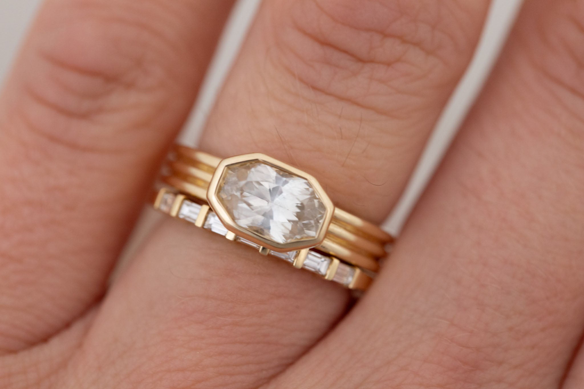 Dylan Ring  | White Octagonal Sapphire + Triple Band Engagement Ring 2.02 ct | 14k Recycled Gold | One of a Kind