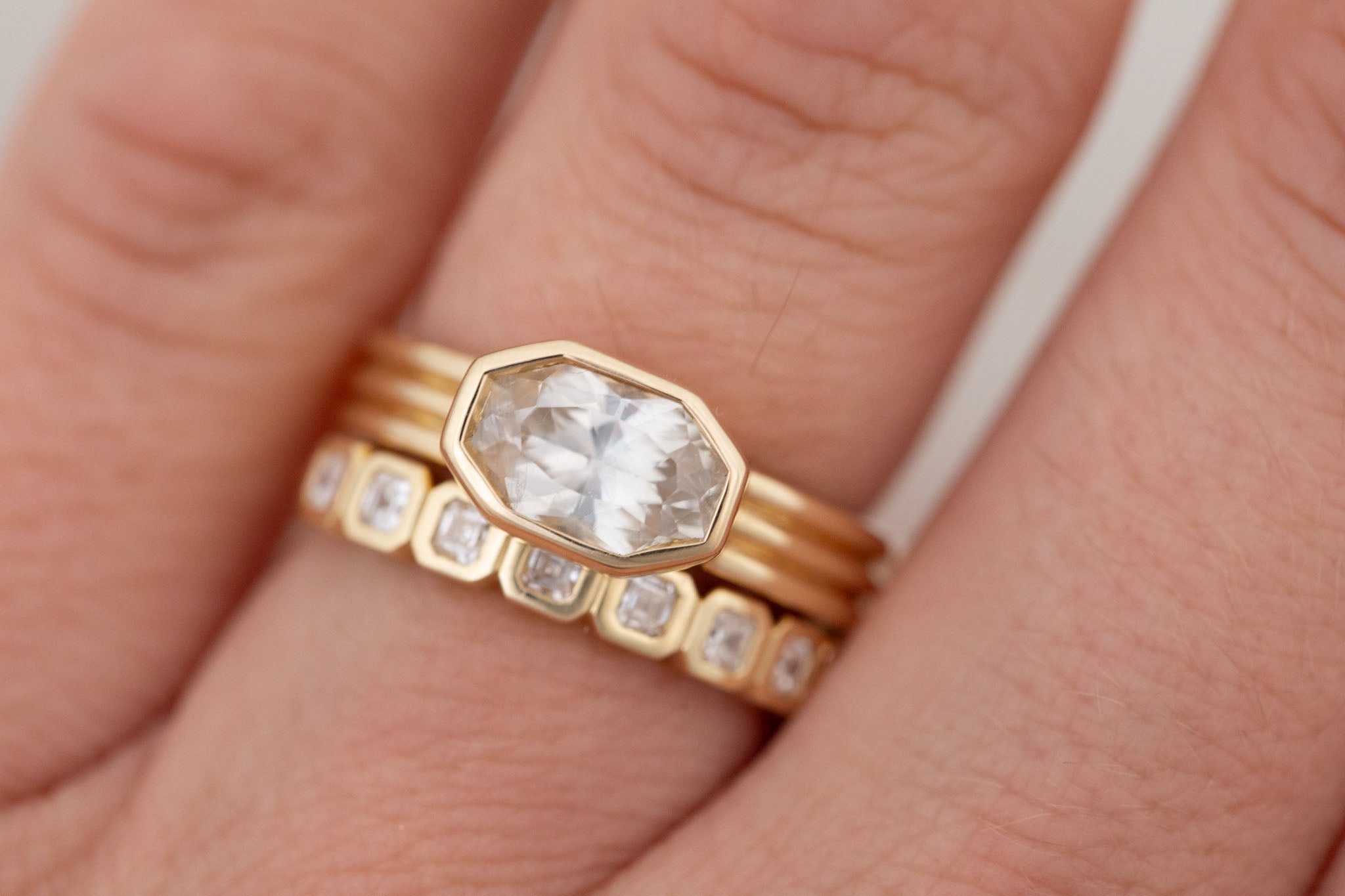 Dylan Ring  | White Octagonal Sapphire + Triple Band Engagement Ring 2.02 ct | 14k Recycled Gold | One of a Kind