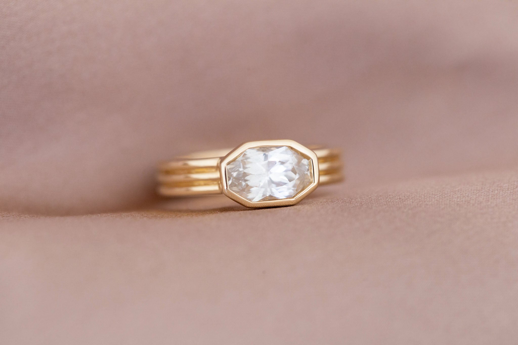 Dylan Ring  | White Octagonal Sapphire + Triple Band Engagement Ring 2.02 ct | 14k Recycled Gold | One of a Kind