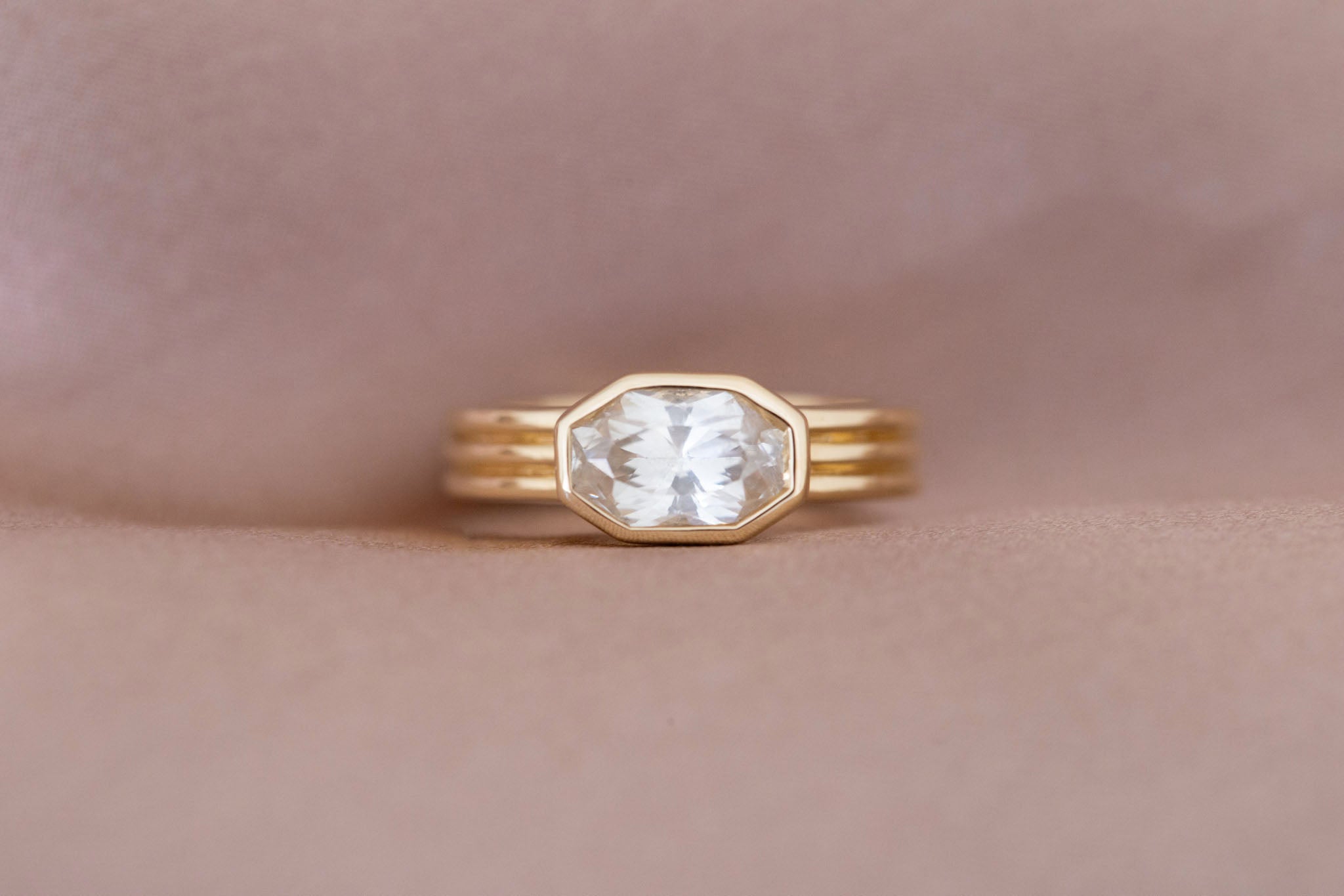 Dylan Ring  | White Octagonal Sapphire + Triple Band Engagement Ring 2.02 ct | 14k Recycled Gold | One of a Kind