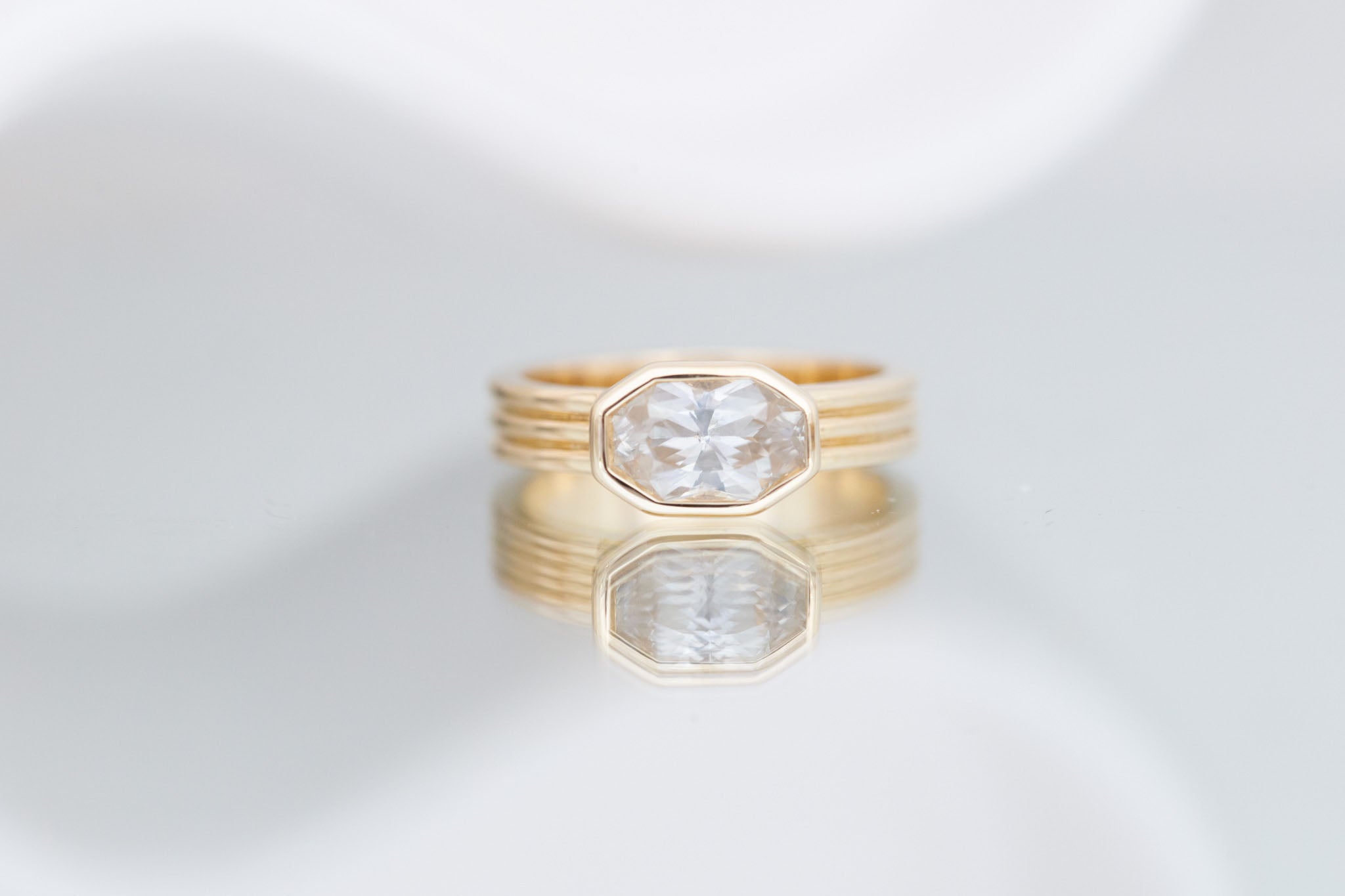 Dylan Ring  | White Octagonal Sapphire + Triple Band Engagement Ring 2.02 ct | 14k Recycled Gold | One of a Kind