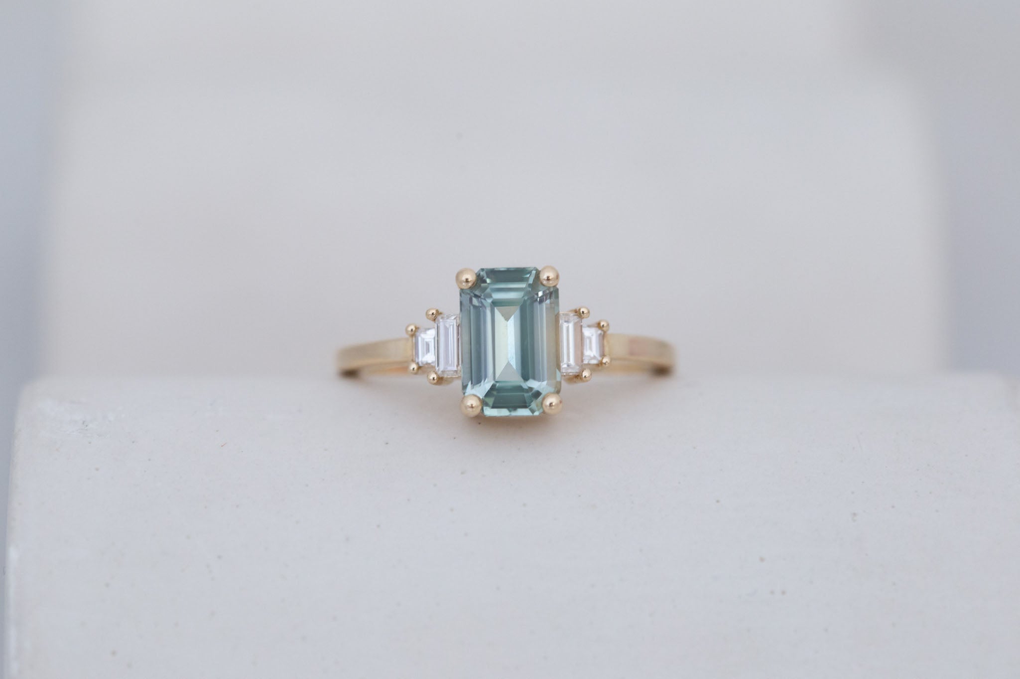 Ash Ring | Mint Green Emerald Cut Sapphire + Diamond Baguette Engagement Ring 2.04 ct | 14k Recycled Gold | One of a Kind