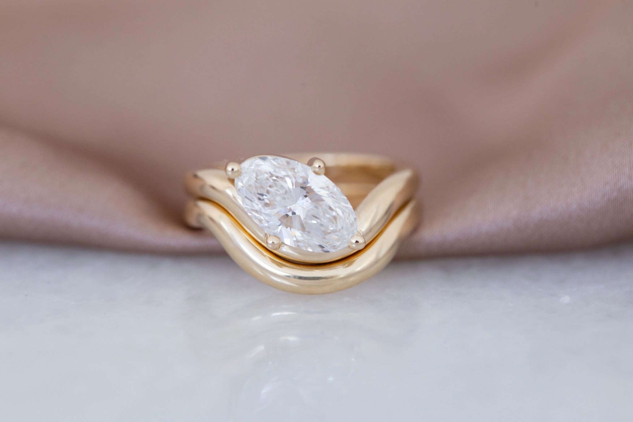 Townes Ring | Lab Moval Cut Diamond Solitaire Curved Band Engagement Ring + Wedding Band Set 2.08 ct | 14k Recycled Gold | One of a Kind