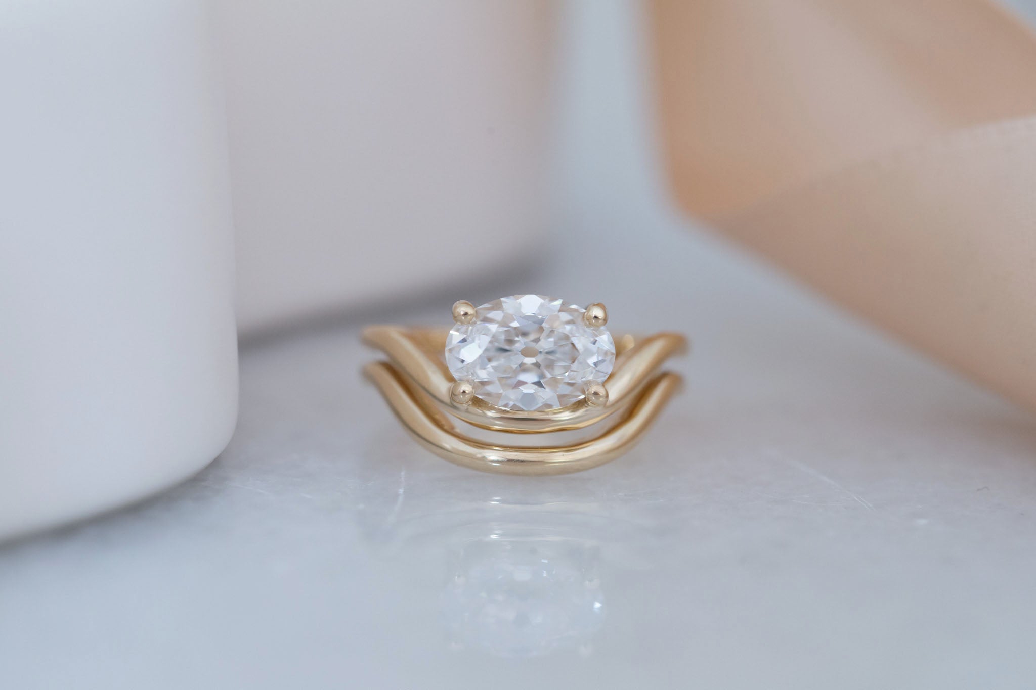 Hayes Ring | Lab Antique Oval Solitaire + Double Curved Band Engagement Ring 2.09 ct | 14k Recycled Gold | One of a Kind