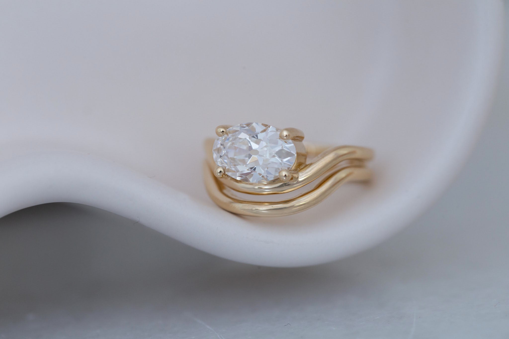Hayes Ring | Lab Antique Oval Solitaire + Double Curved Band Engagement Ring 2.09 ct | 14k Recycled Gold | One of a Kind