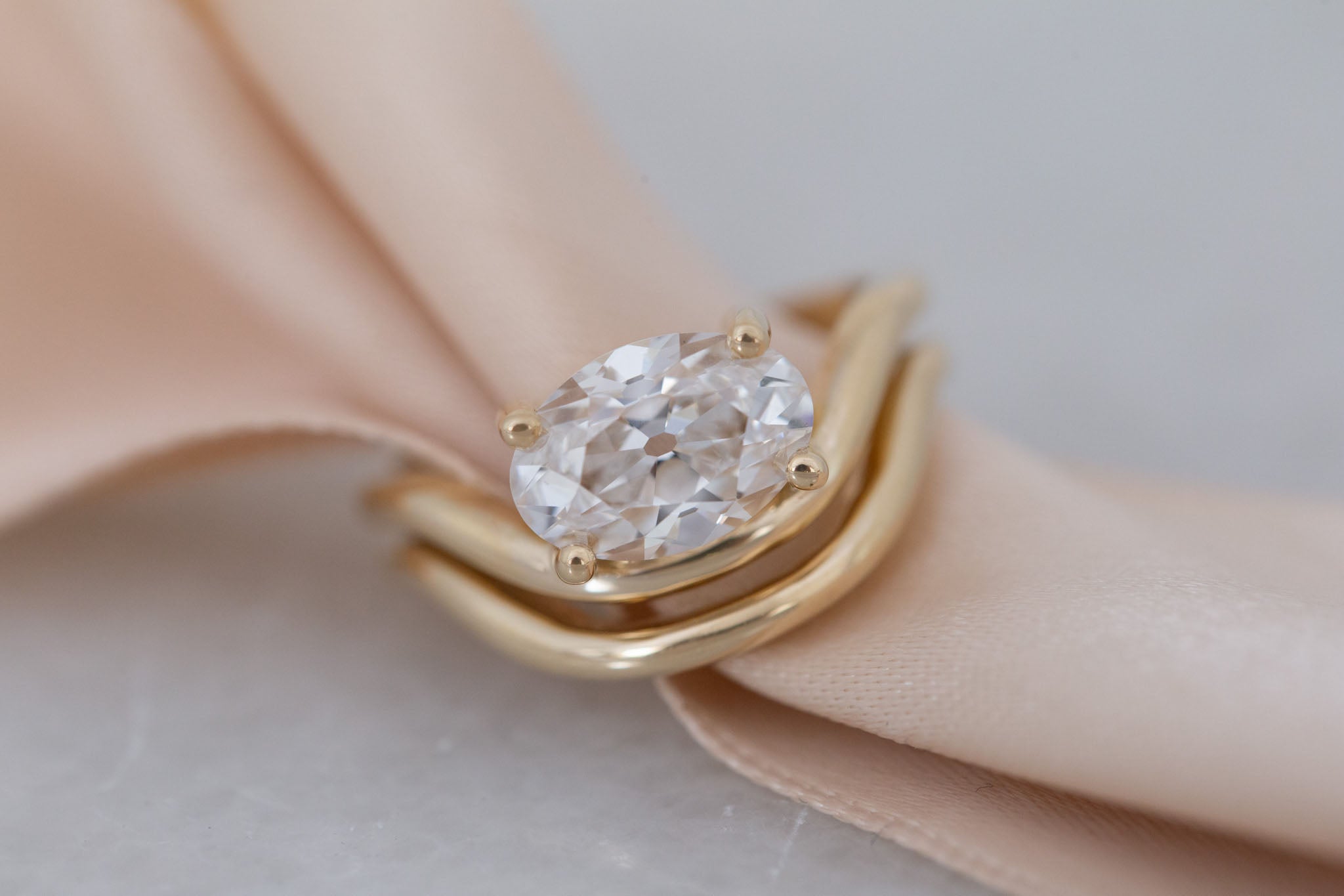 Hayes Ring | Lab Antique Oval Solitaire + Double Curved Band Engagement Ring 2.09 ct | 14k Recycled Gold | One of a Kind