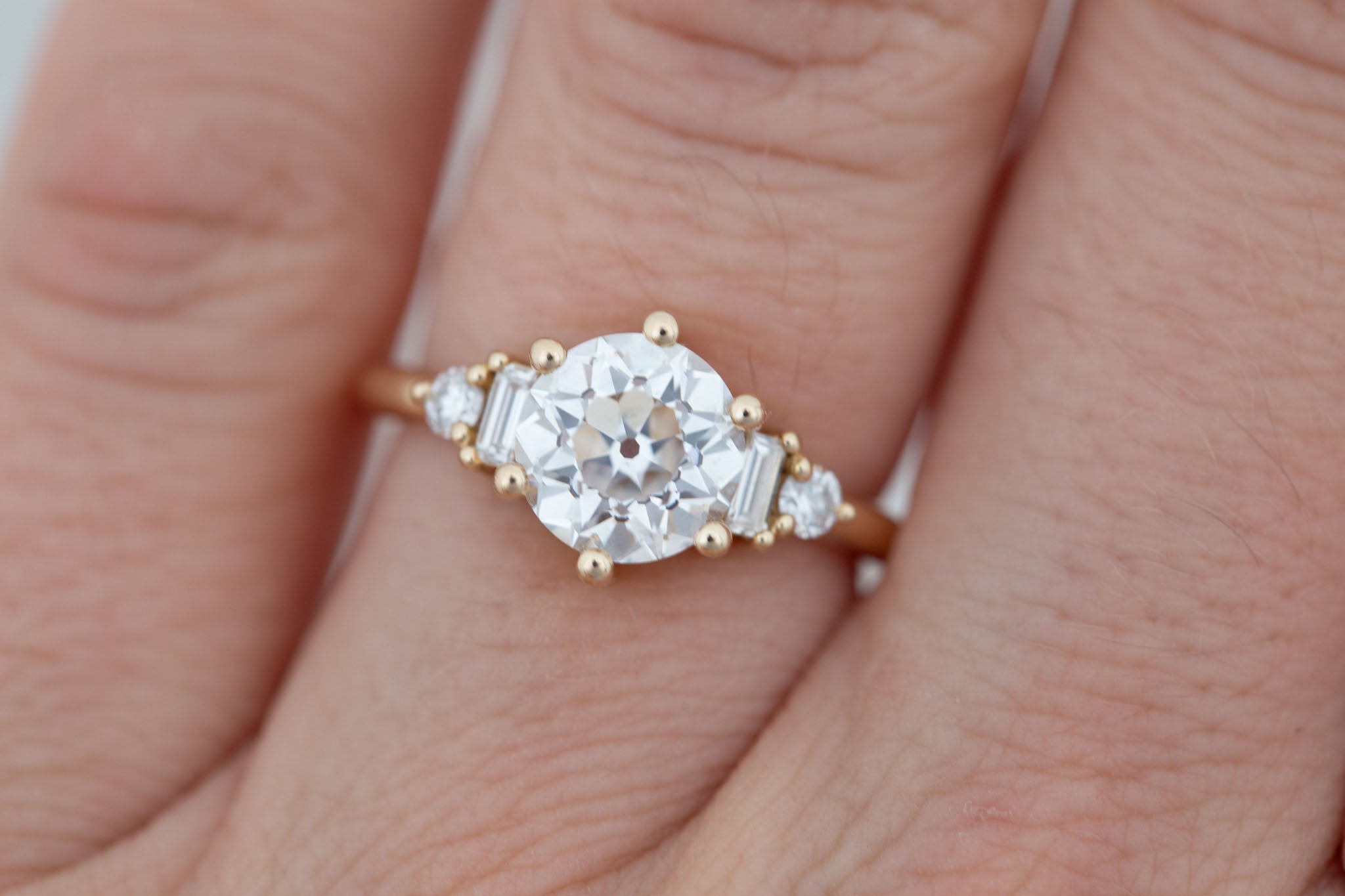 Alsea Ring | Lab Antique Round Cut Diamond + Baguette and Round Lab Diamond Accents Engagement Ring 2.09 ct | 14k Recycled Gold | One of a Kind