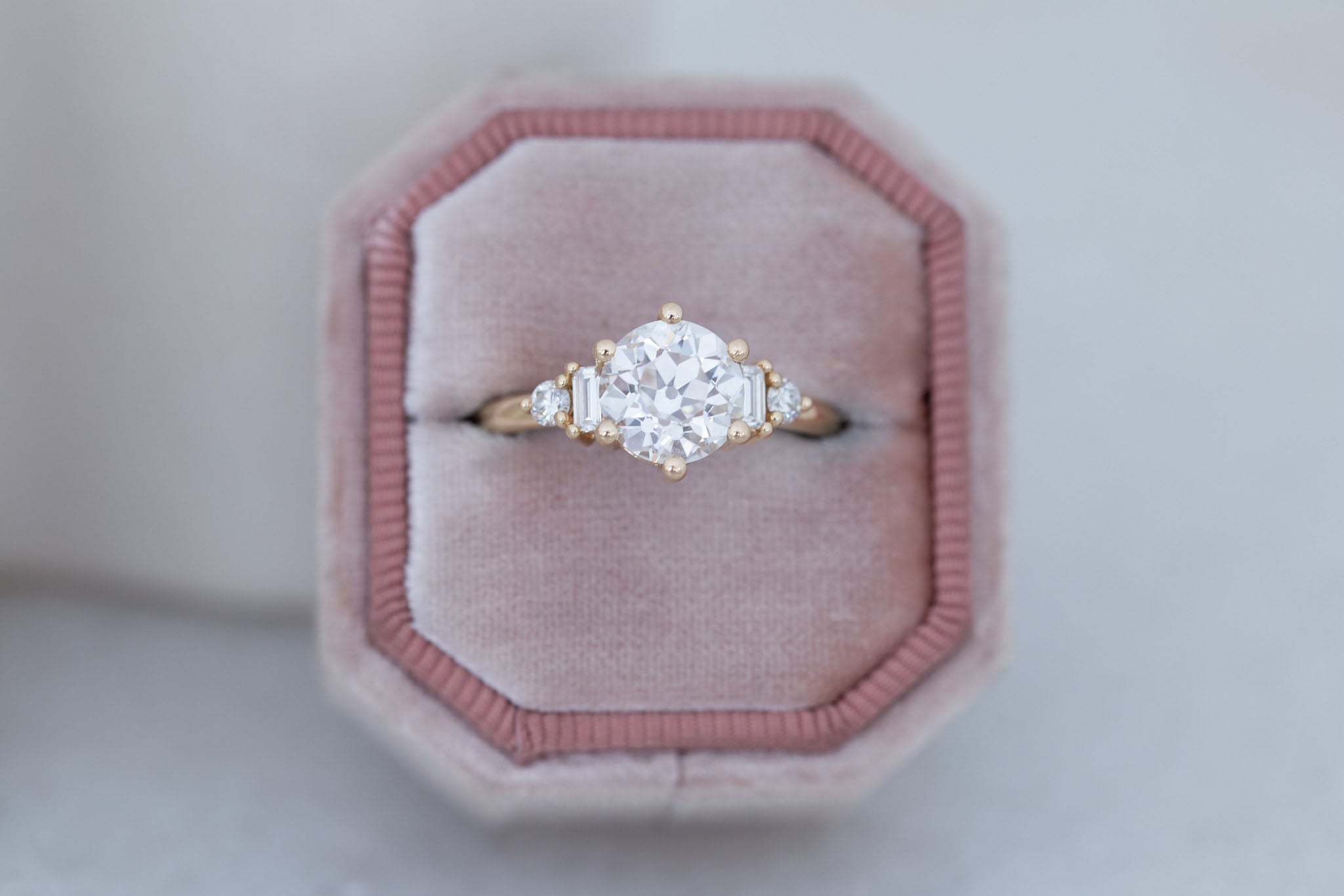 Alsea Ring | Lab Antique Round Cut Diamond + Baguette and Round Lab Diamond Accents Engagement Ring 2.09 ct | 14k Recycled Gold | One of a Kind
