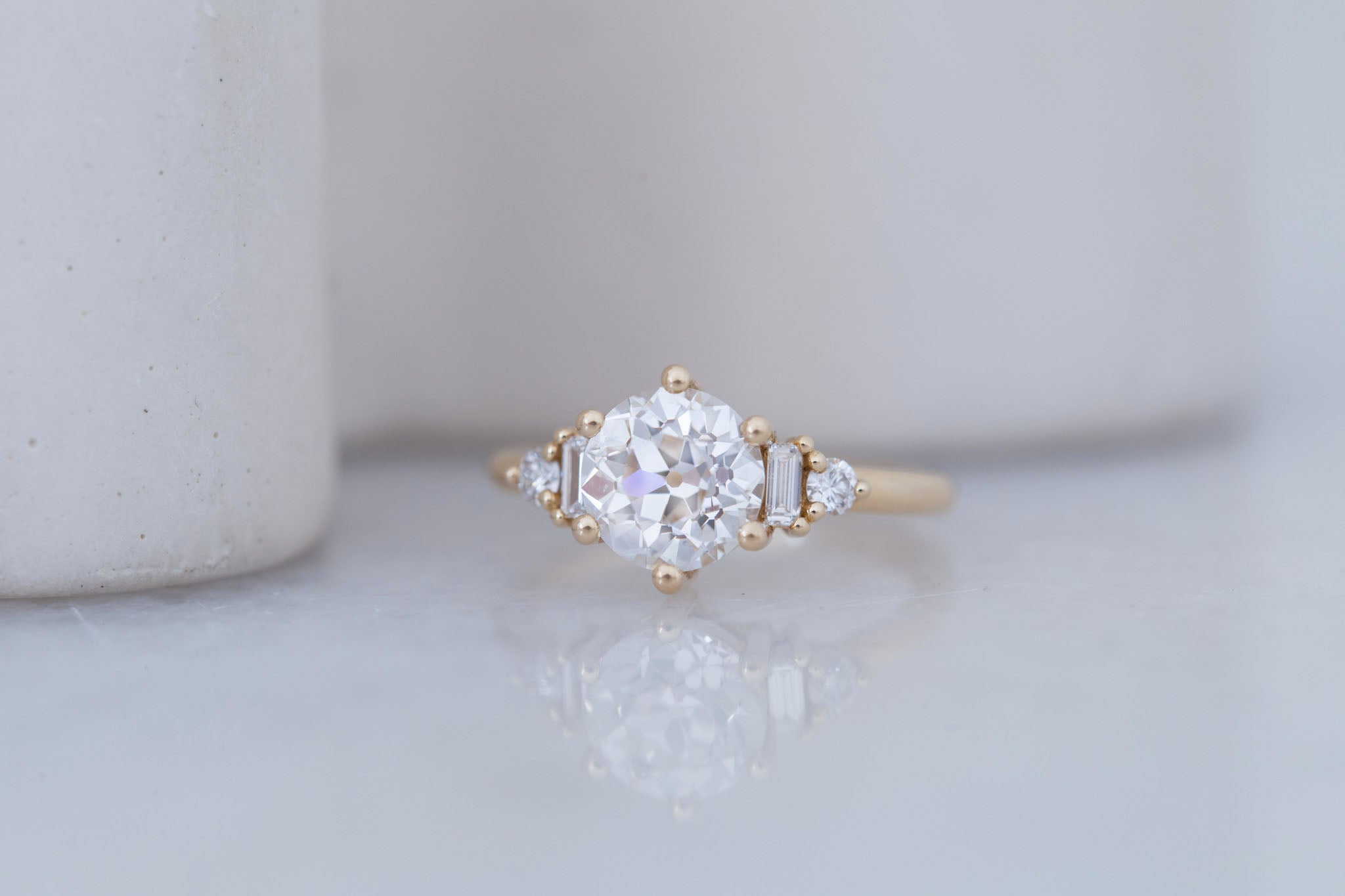 Alsea Ring | Lab Antique Round Cut Diamond + Baguette and Round Lab Diamond Accents Engagement Ring 2.09 ct | 14k Recycled Gold | One of a Kind