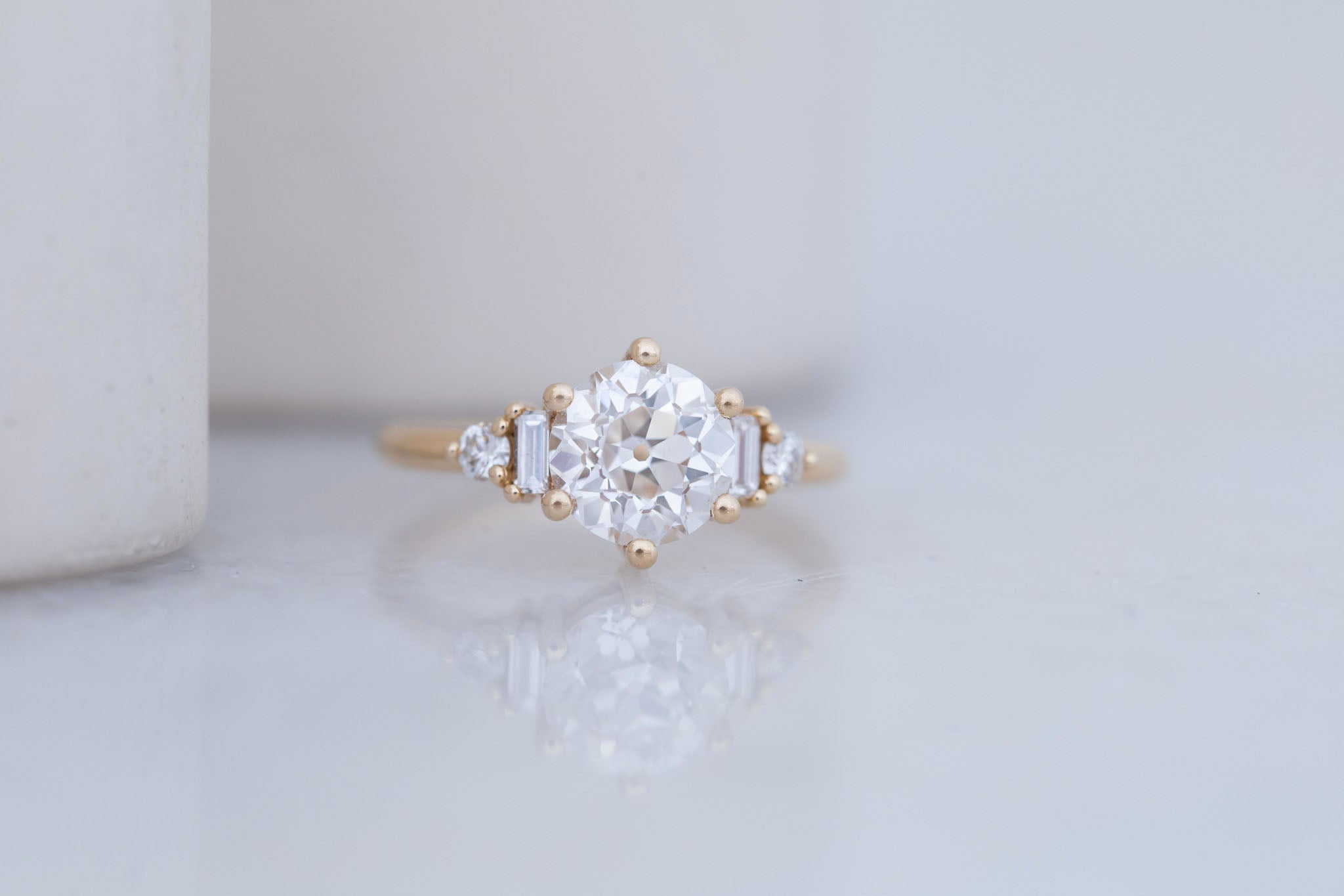 Alsea Ring | Lab Antique Round Cut Diamond + Baguette and Round Lab Diamond Accents Engagement Ring 2.09 ct | 14k Recycled Gold | One of a Kind
