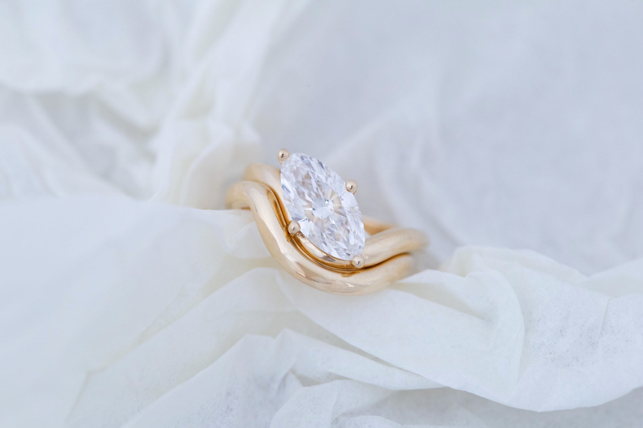 Townes Ring | Lab Moval Cut Diamond Solitaire Curved Band Engagement Ring + Wedding Band Set 2.09 ct | 14k Recycled Gold | One of a Kind
