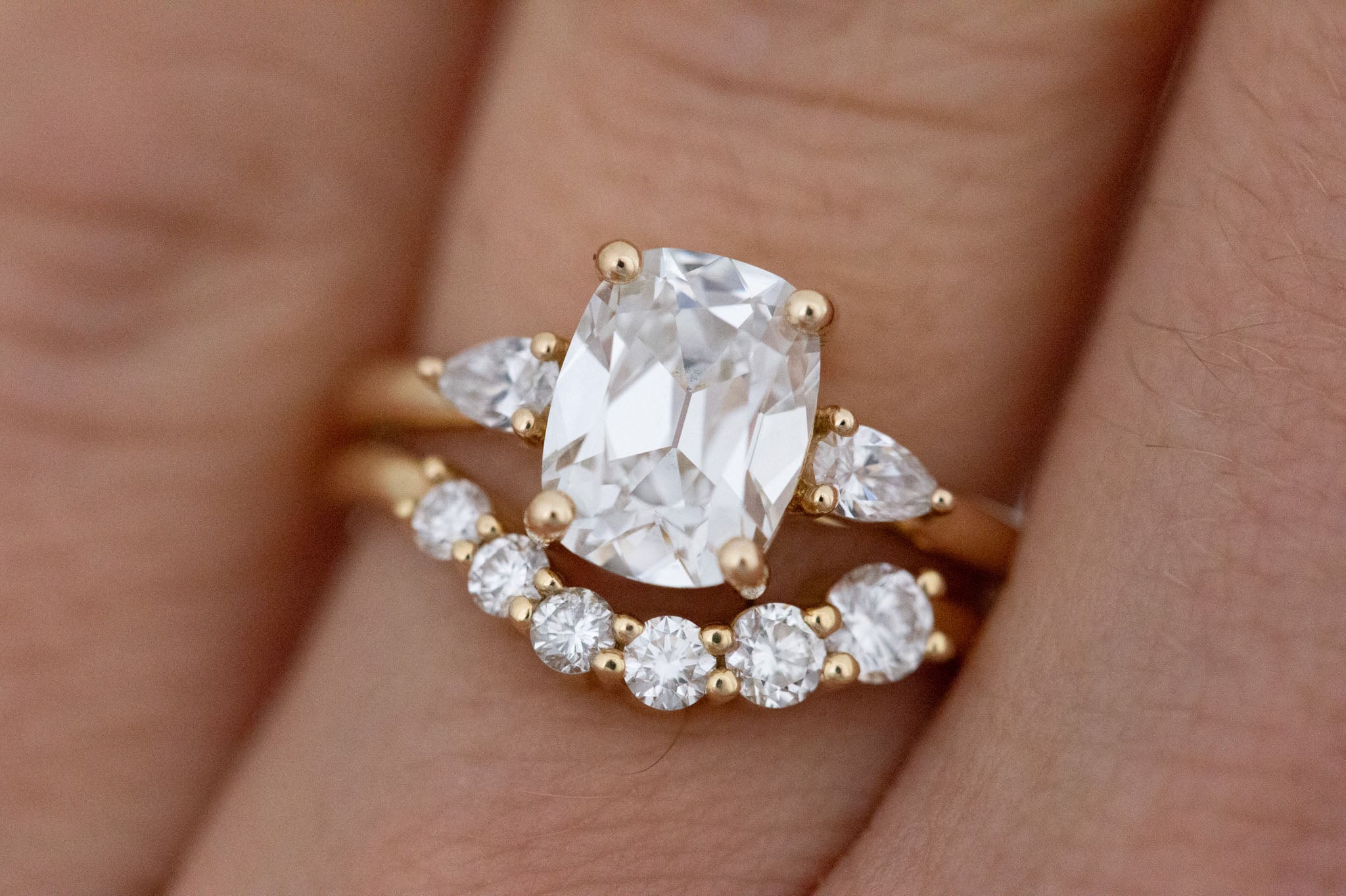 Iris Ring | Lab Antique Cut Cushion Diamond + Pear Diamond Accent Engagement Ring 2.1 ct | 14k Recycled Gold | One of a Kind