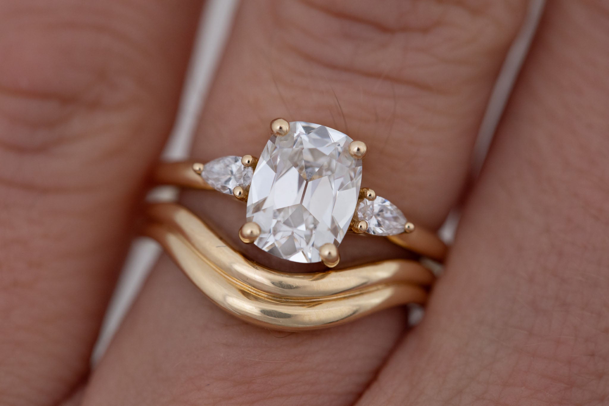 Iris Ring | Lab Antique Cut Cushion Diamond + Pear Diamond Accent Engagement Ring 2.1 ct | 14k Recycled Gold | One of a Kind