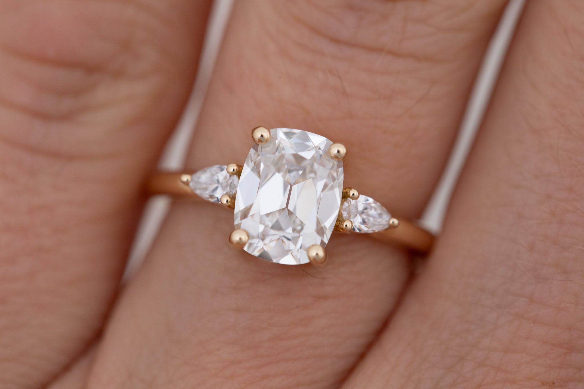 Iris Ring | Lab Antique Cut Cushion Diamond + Pear Diamond Accent Engagement Ring 2.1 ct | 14k Recycled Gold | One of a Kind