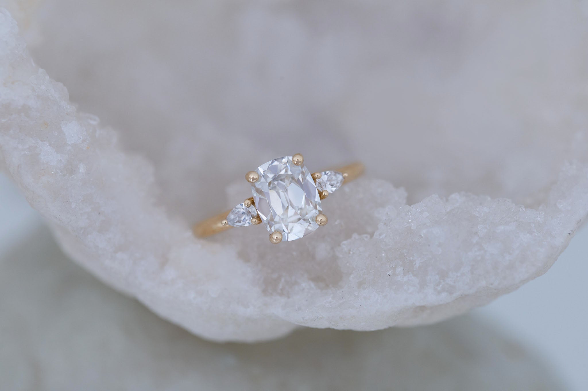 Iris Ring | Lab Antique Cut Cushion Diamond + Pear Diamond Accent Engagement Ring 2.1 ct | 14k Recycled Gold | One of a Kind