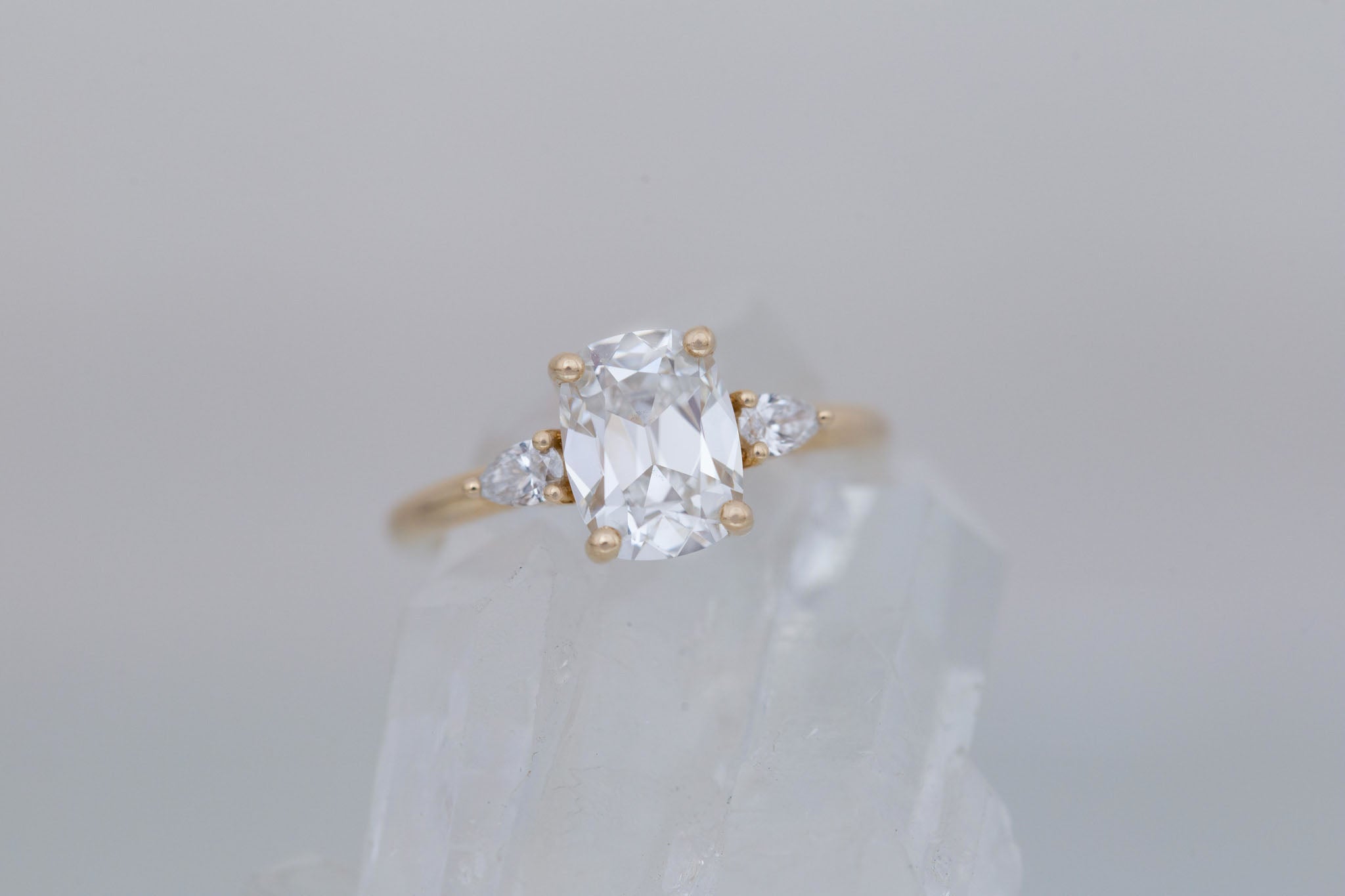 Iris Ring | Lab Antique Cut Cushion Diamond + Pear Diamond Accent Engagement Ring 2.1 ct | 14k Recycled Gold | One of a Kind