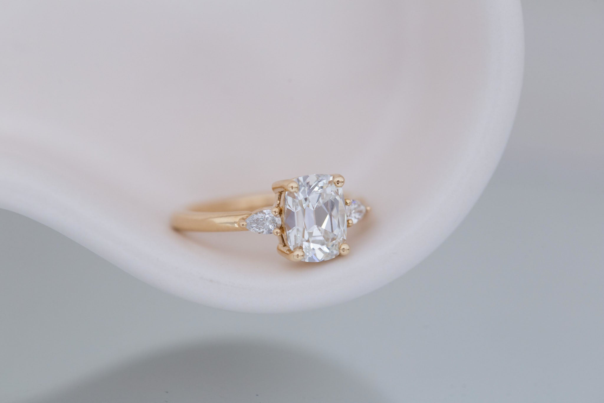 Iris Ring | Lab Antique Cut Cushion Diamond + Pear Diamond Accent Engagement Ring 2.1 ct | 14k Recycled Gold | One of a Kind