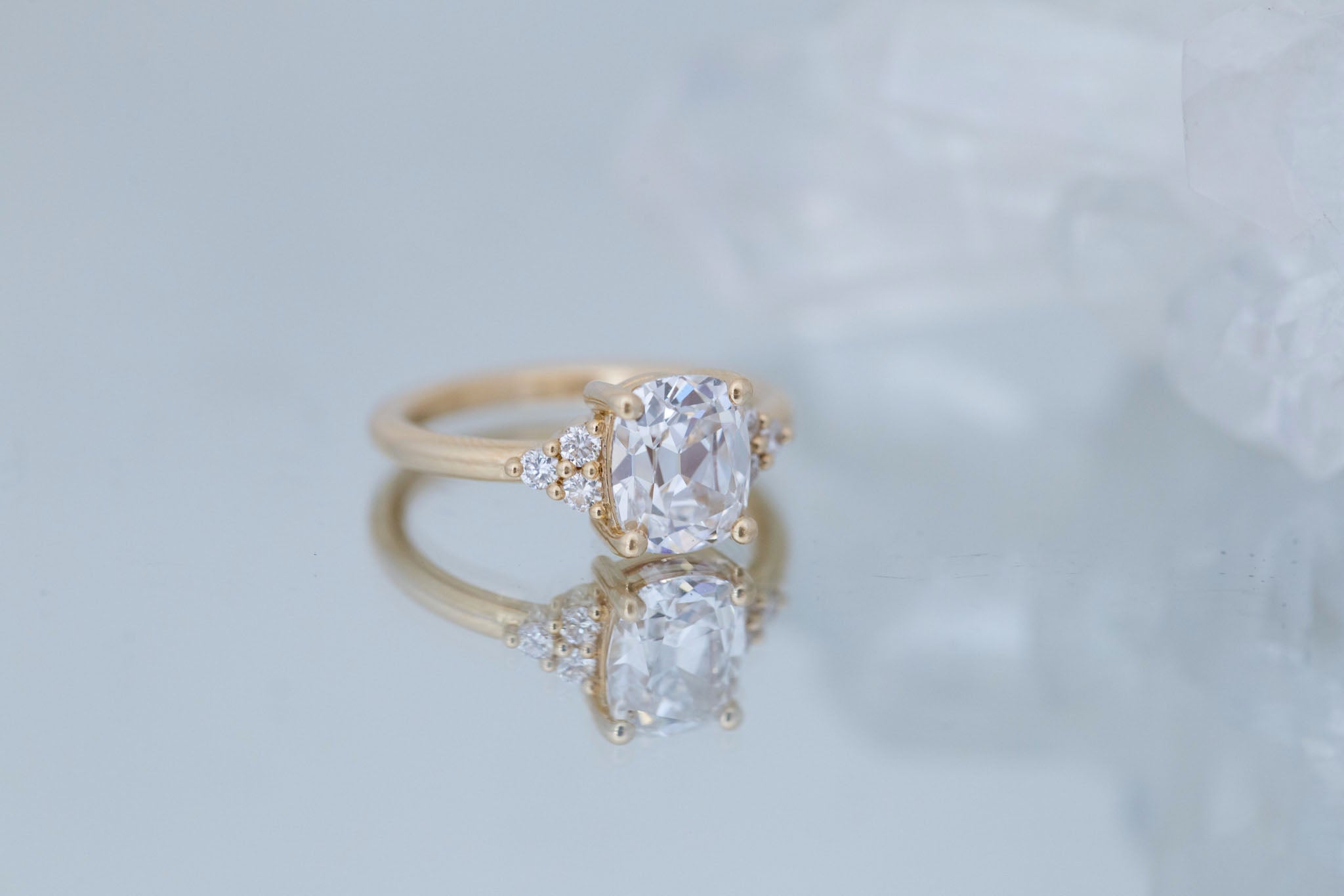 Verona Ring | Lab Antique Cushion Cut Diamond + Round Diamond Accents Engagement Ring 2.12 ct | 14k Recycled Gold | One of a Kind