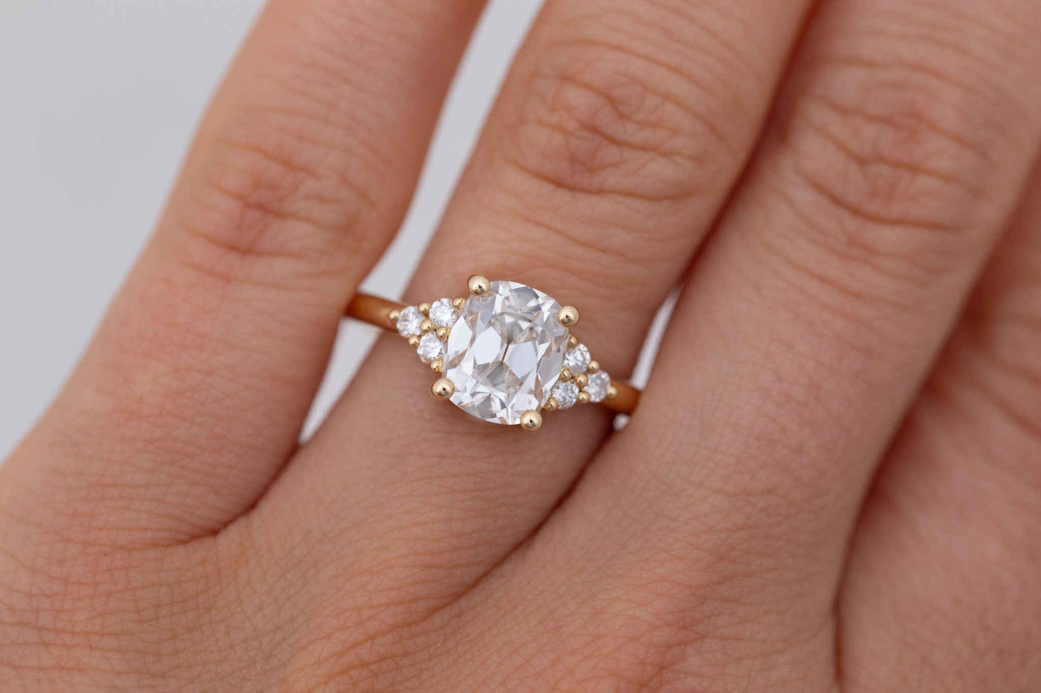 Verona Ring | Lab Antique Cushion Cut Diamond + Round Diamond Accents Engagement Ring 2.12 ct | 14k Recycled Gold | One of a Kind