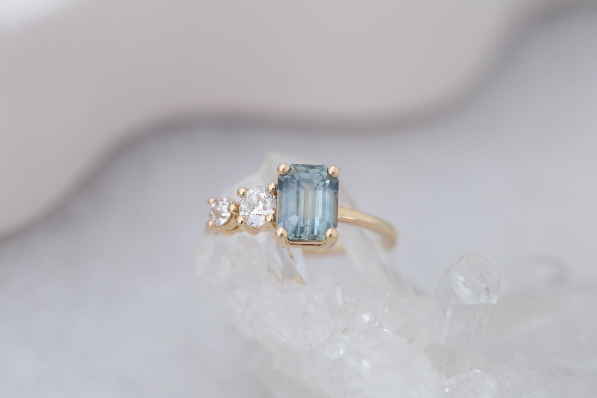 Fern Ring | Mint Montana Emerald Cut Sapphire + Antique Diamonds Engagement Ring 2.14 ct | 14k Recycled Gold | One of a Kind