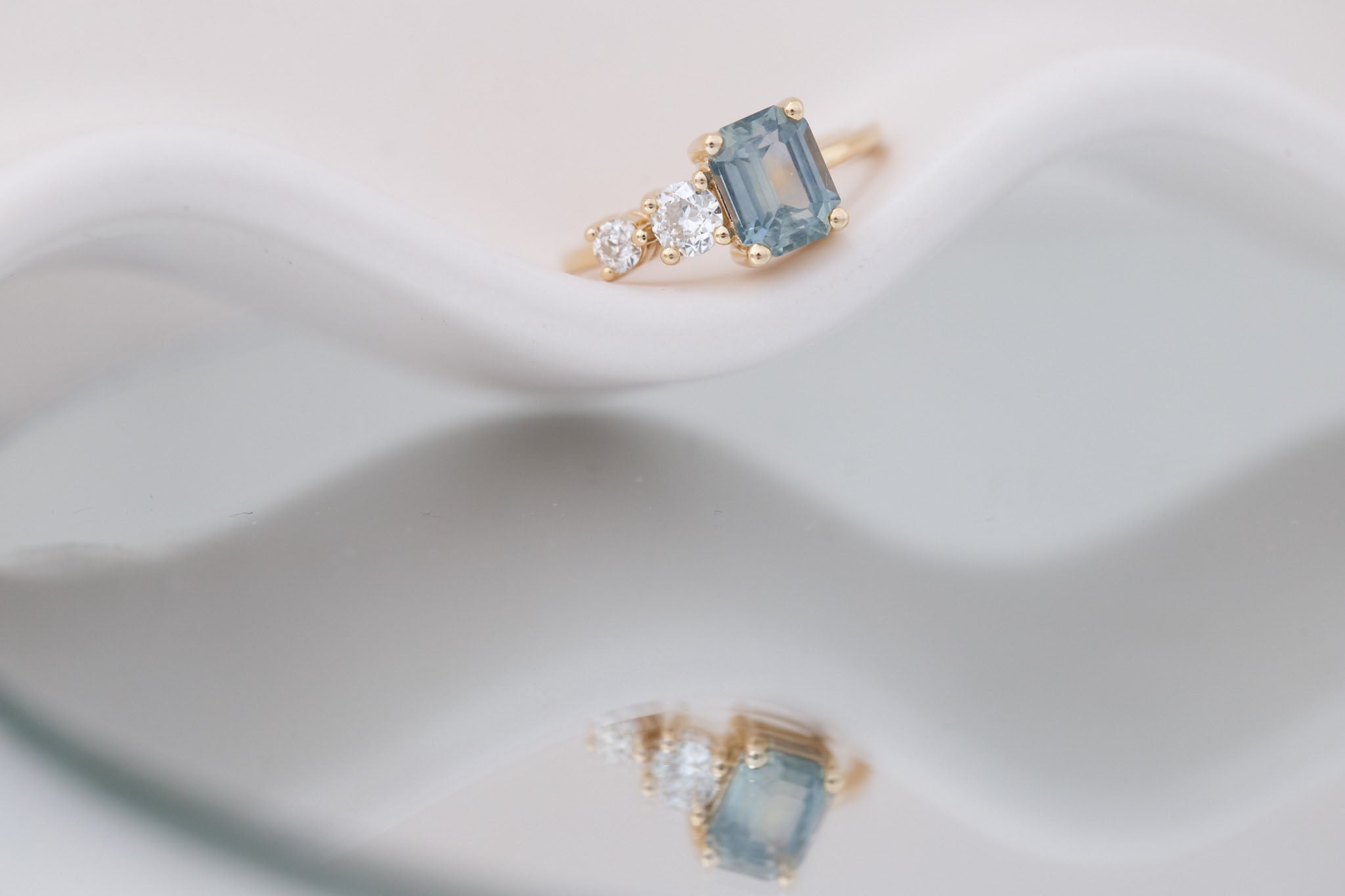 Fern Ring | Mint Montana Emerald Cut Sapphire + Antique Diamonds Engagement Ring 2.14 ct | 14k Recycled Gold | One of a Kind