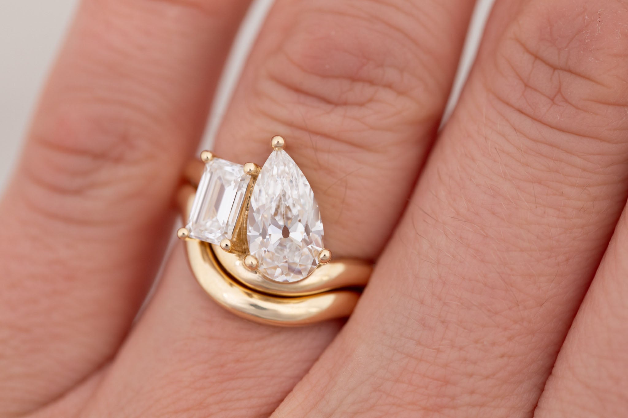 Townes Ring | Lab Pear Cut + Emerald Cut Diamond Curved Band Engagement Ring + Wedding Band Set 2.15 ct + 1.04 ct | 14k Recycled Gold | One of a Kind