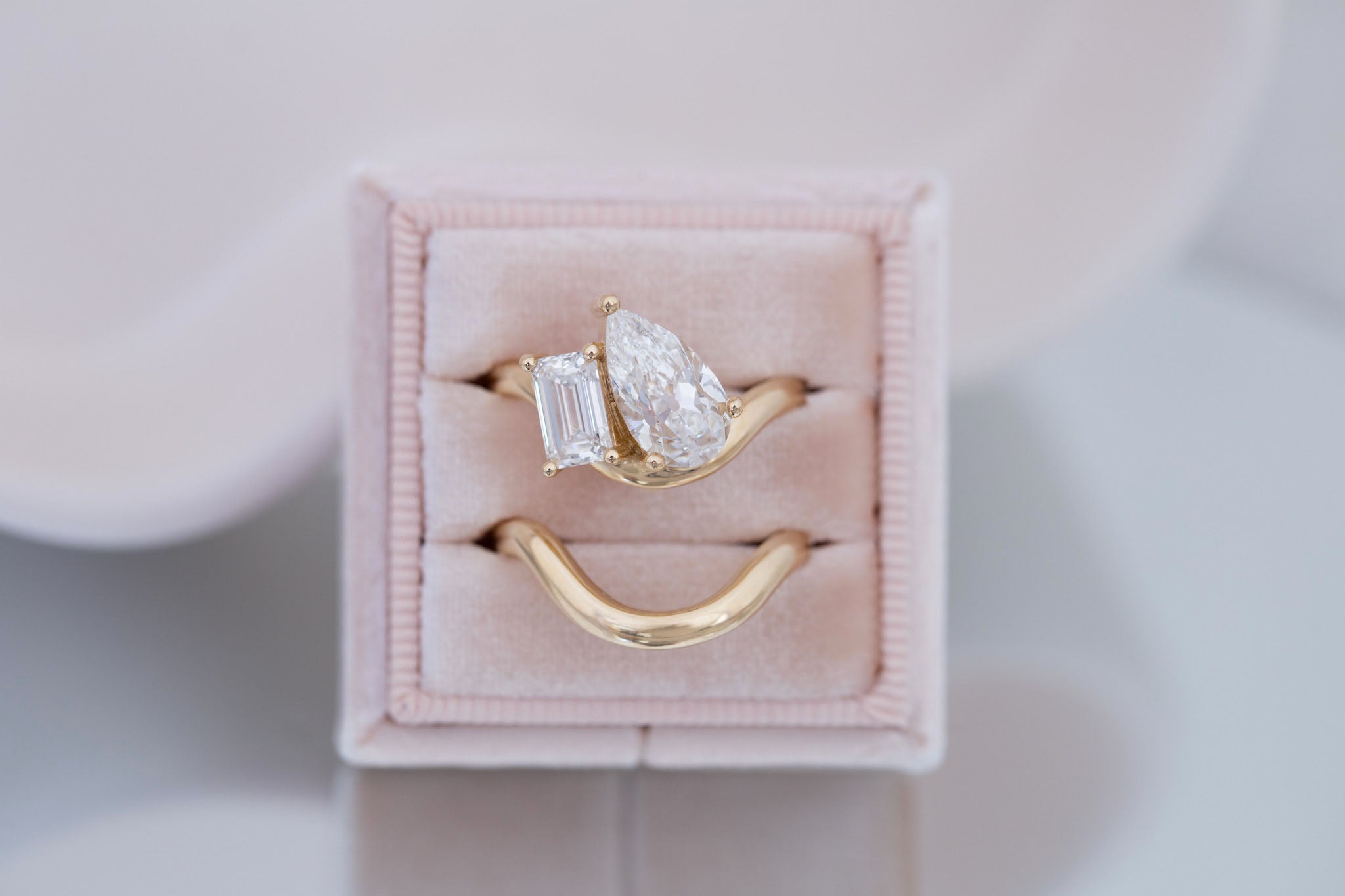 Townes Ring | Lab Pear Cut + Emerald Cut Diamond Curved Band Engagement Ring + Wedding Band Set 2.15 ct + 1.04 ct | 14k Recycled Gold | One of a Kind