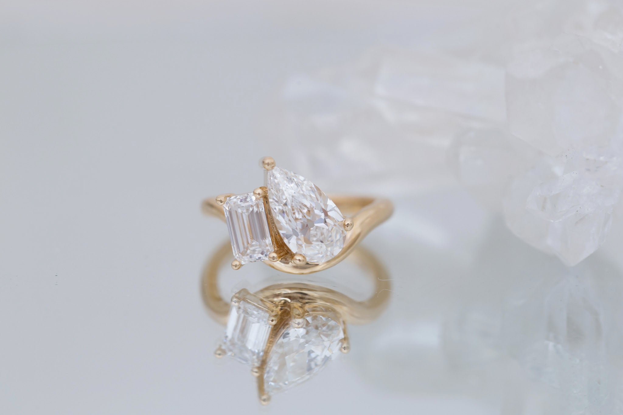 Townes Ring | Lab Pear Cut + Emerald Cut Diamond Curved Band Engagement Ring + Wedding Band Set 2.15 ct + 1.04 ct | 14k Recycled Gold | One of a Kind