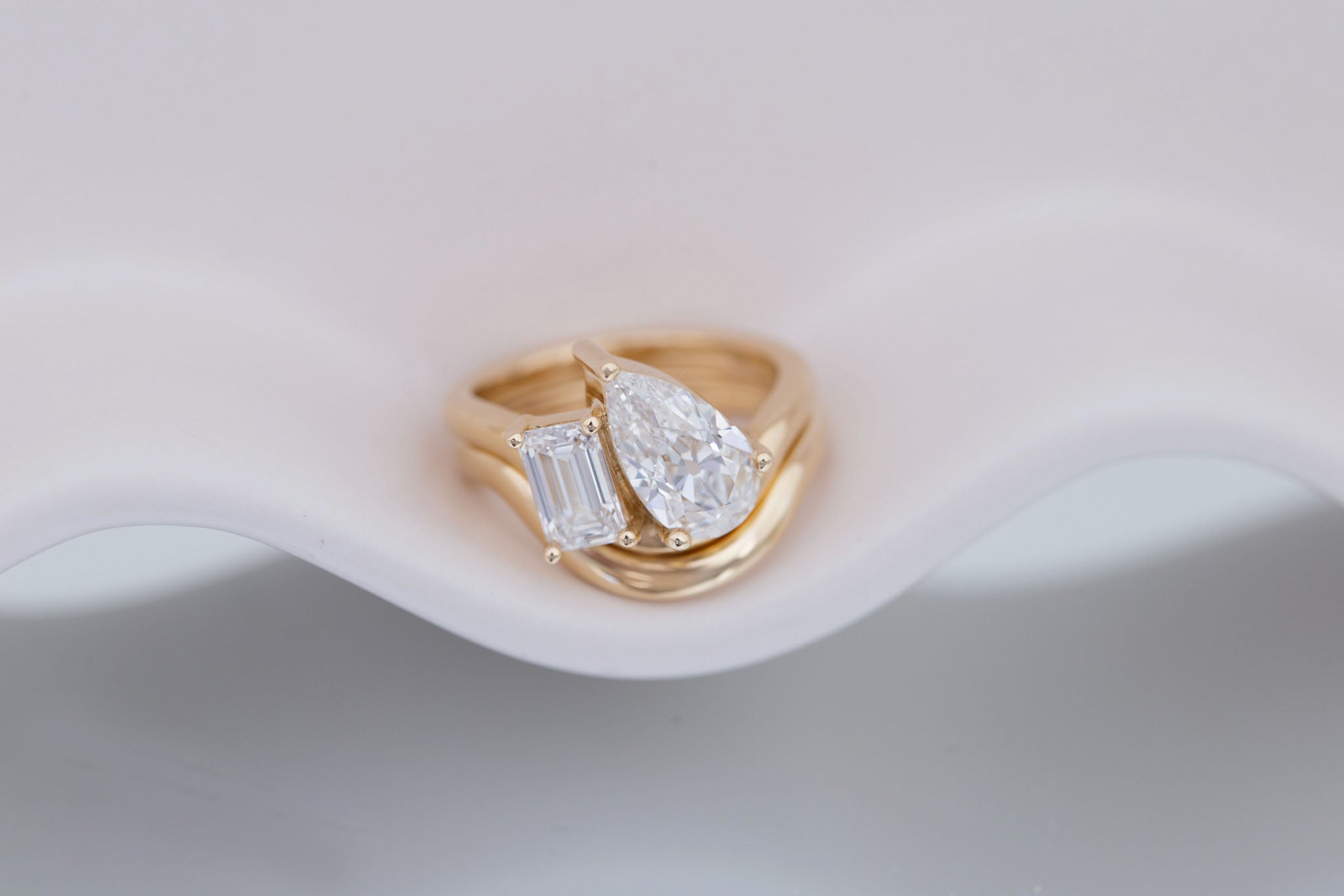 Townes Ring | Lab Pear Cut + Emerald Cut Diamond Curved Band Engagement Ring + Wedding Band Set 2.15 ct + 1.04 ct | 14k Recycled Gold | One of a Kind