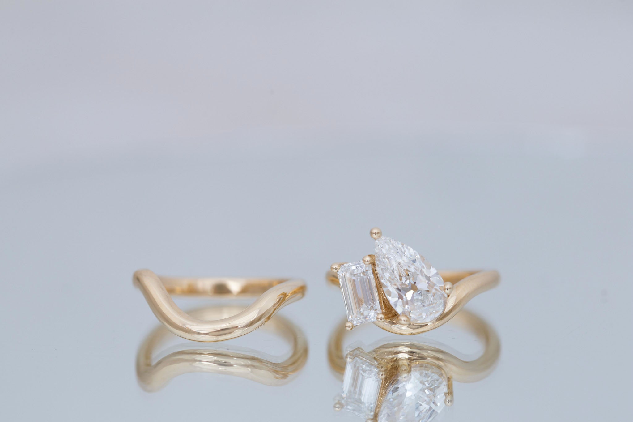 Townes Ring | Lab Pear Cut + Emerald Cut Diamond Curved Band Engagement Ring + Wedding Band Set 2.15 ct + 1.04 ct | 14k Recycled Gold | One of a Kind