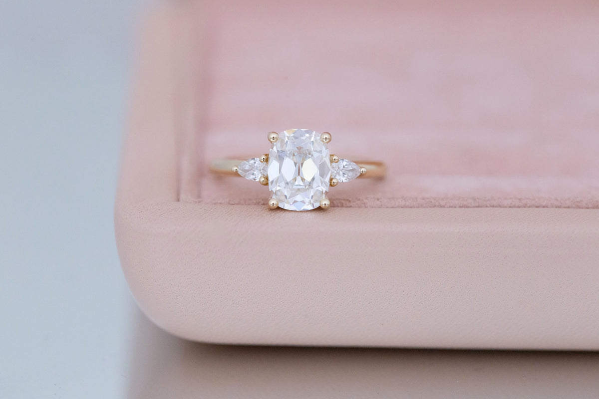 Iris Ring | Lab Antique Cut Cushion Diamond + Pear Diamond Accent Engagement Ring 2.20 ct | 14k Recycled Gold | One of a Kind